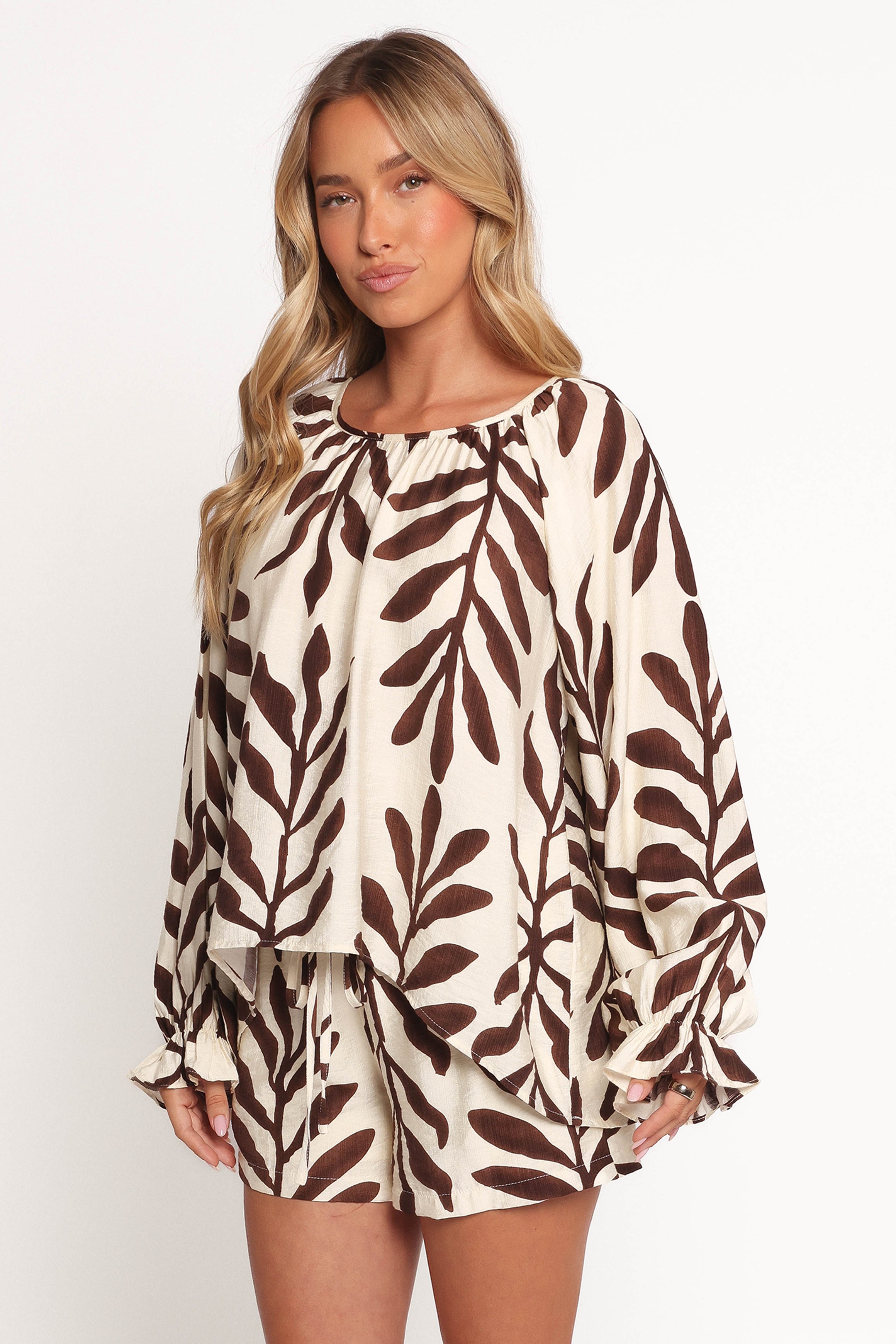 July Long Sleeve Smock Top - Brown Palm-Ladys Street