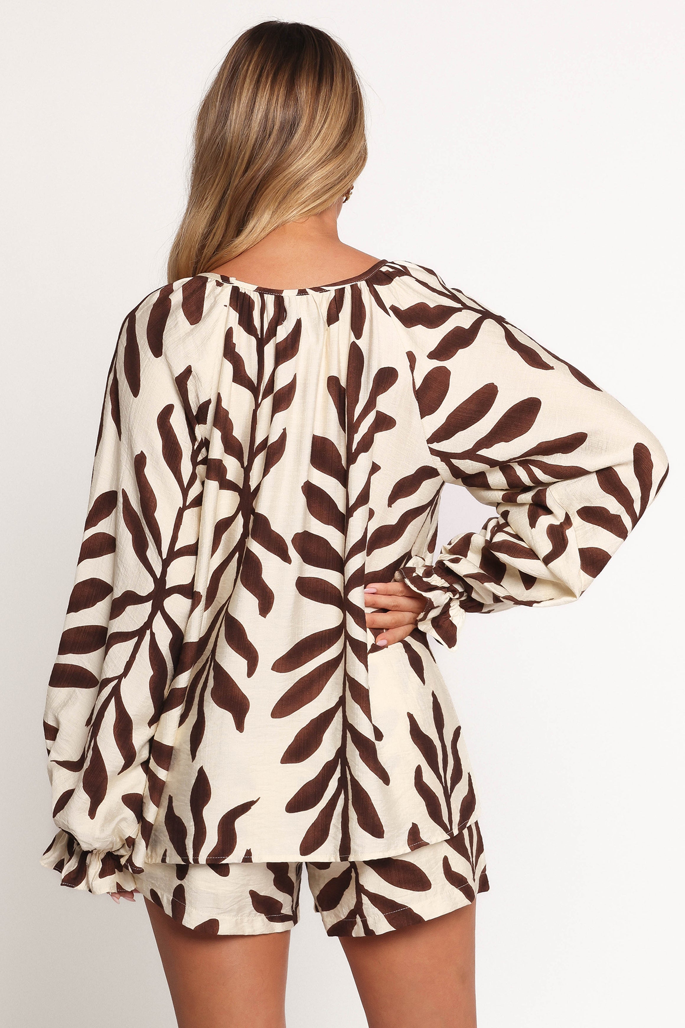 July Long Sleeve Smock Top - Brown Palm-Ladys Street