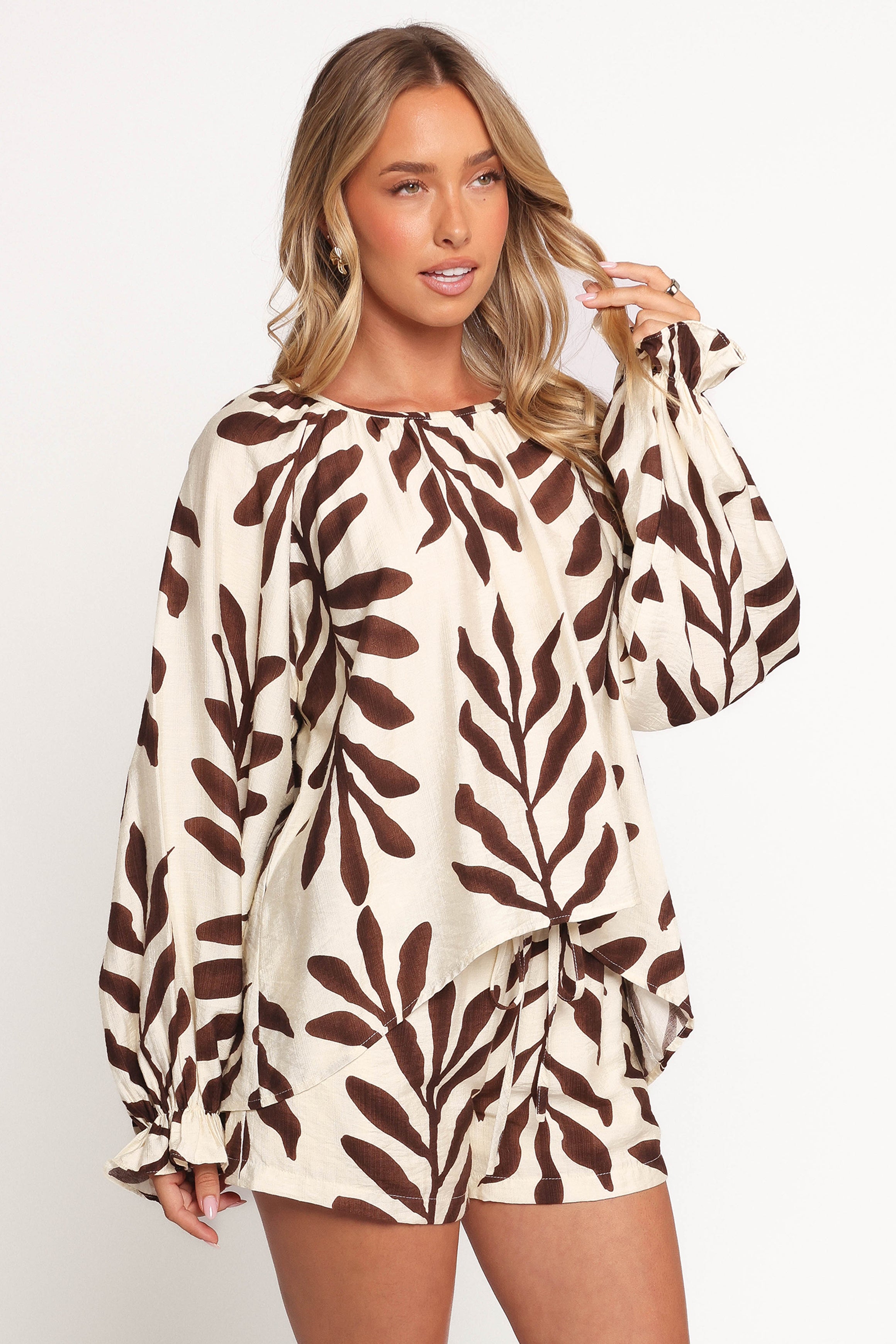 July Long Sleeve Smock Top - Brown Palm-Ladys Street