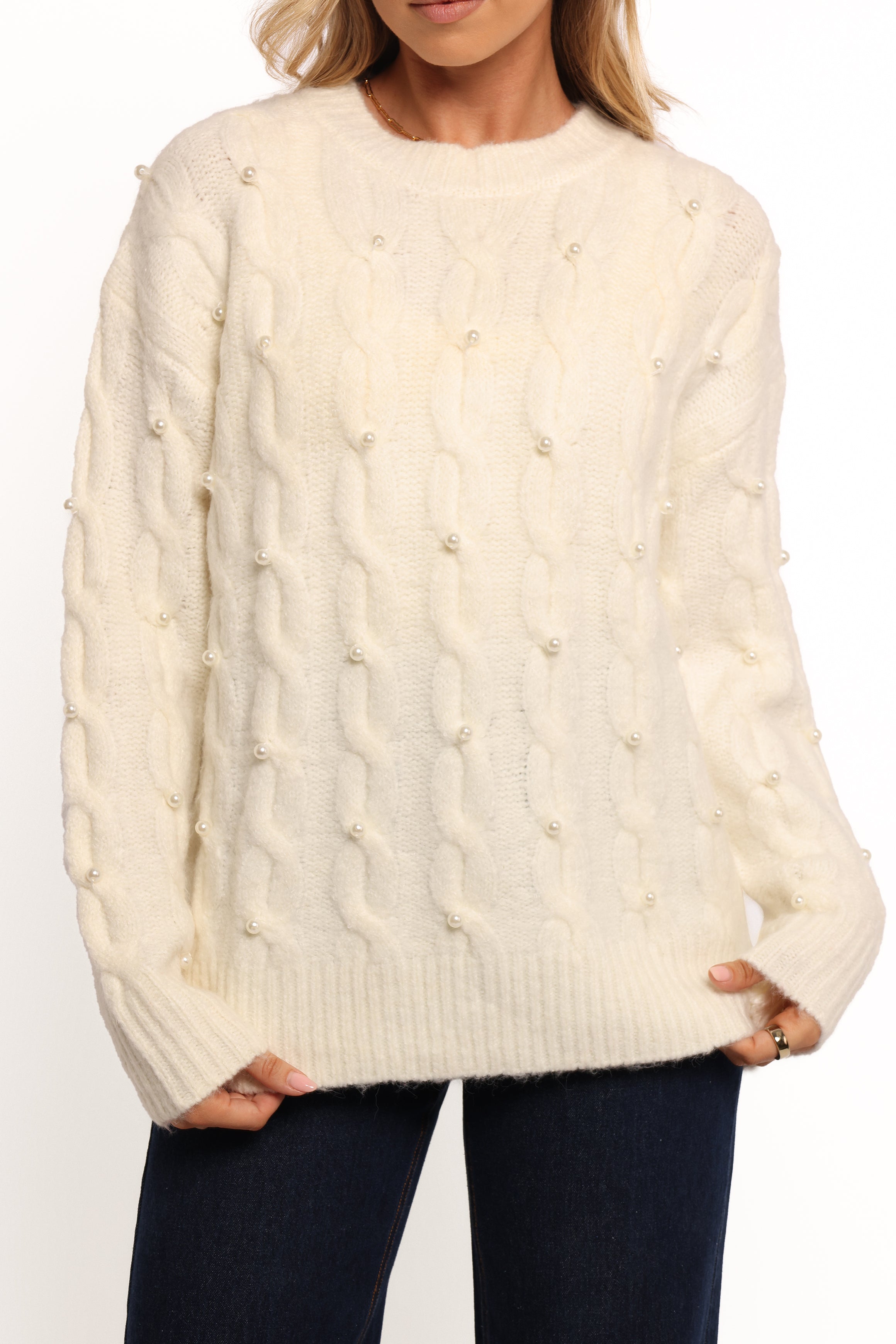 Kalai Cable Knit Pearl Detail Knit Sweater - Cream-Ladys Street