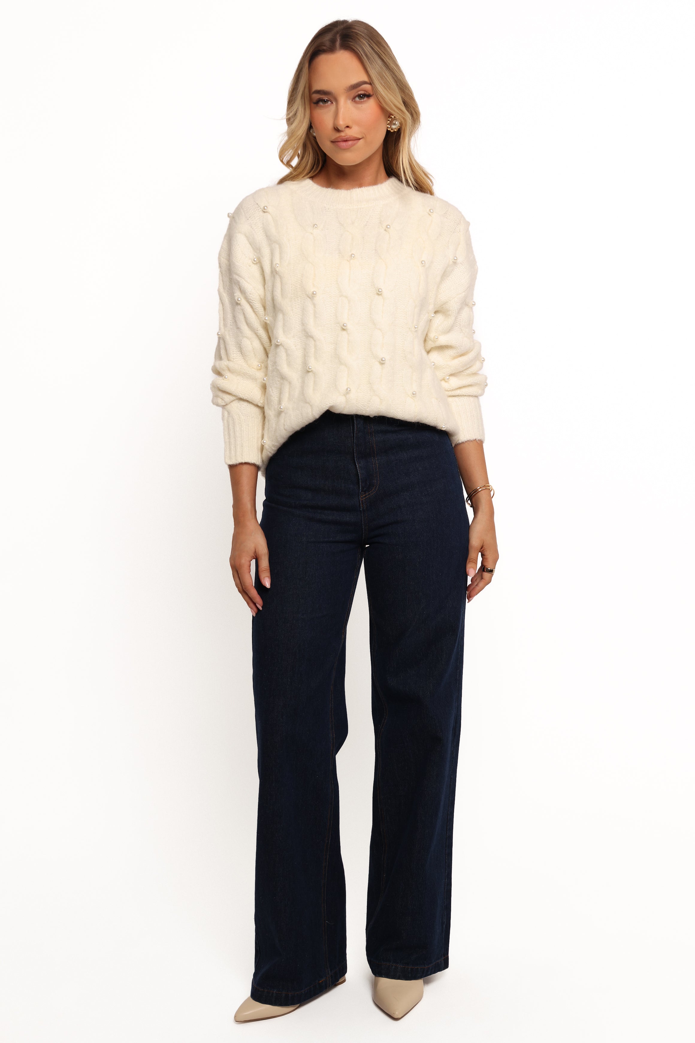 Kalai Cable Knit Pearl Detail Knit Sweater - Cream-Ladys Street