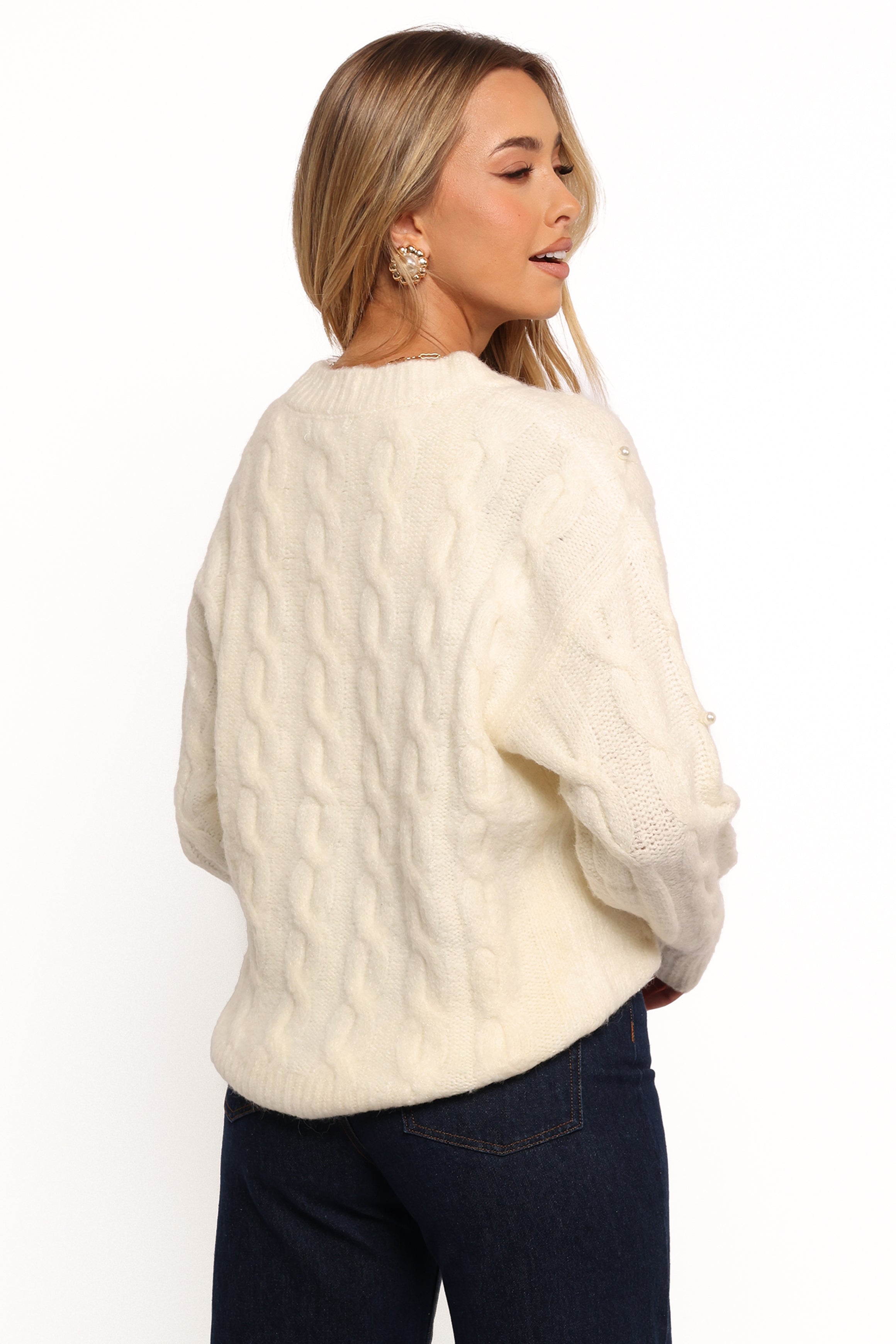Kalai Cable Knit Pearl Detail Knit Sweater - Cream-Ladys Street
