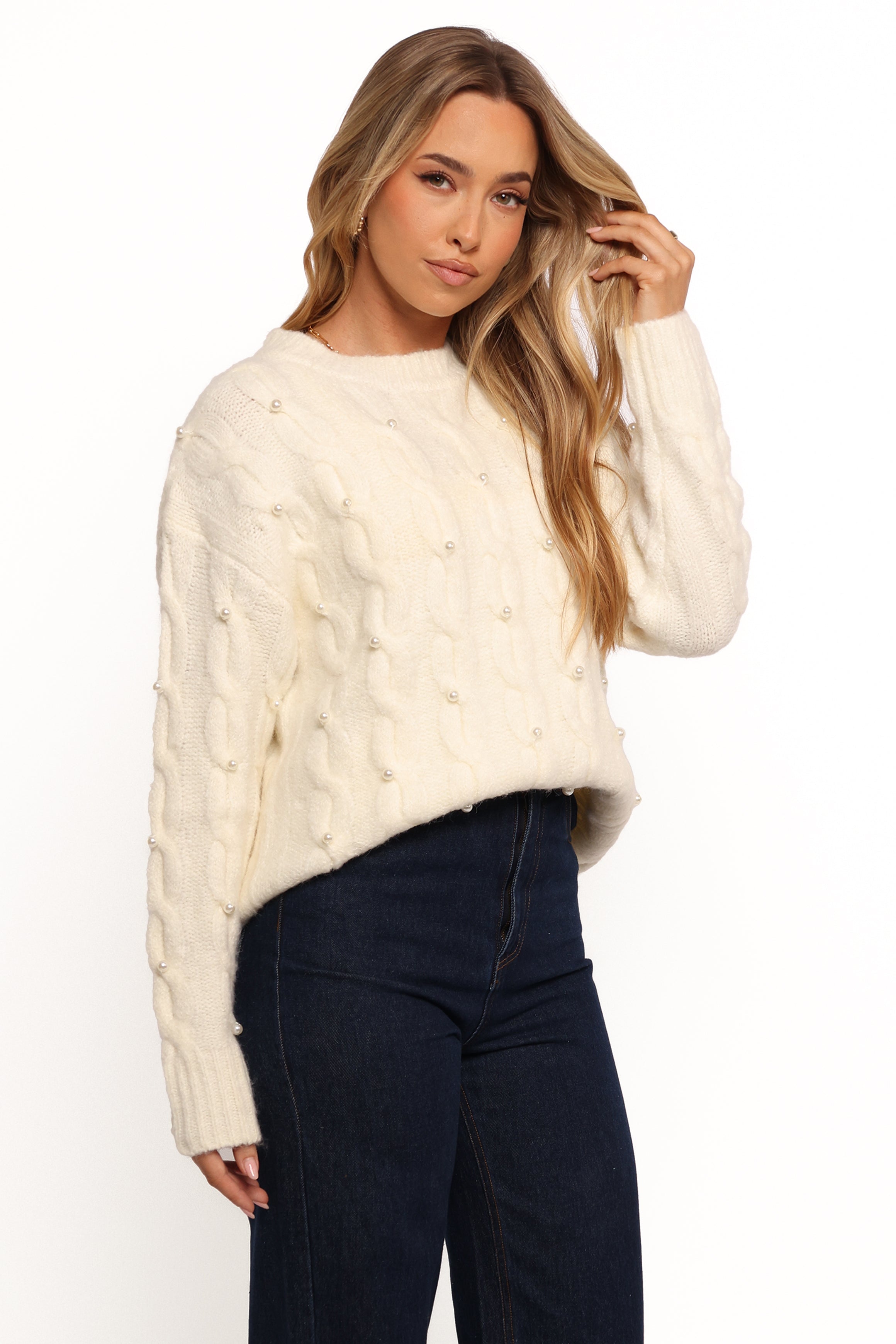 Kalai Cable Knit Pearl Detail Knit Sweater - Cream-Ladys Street