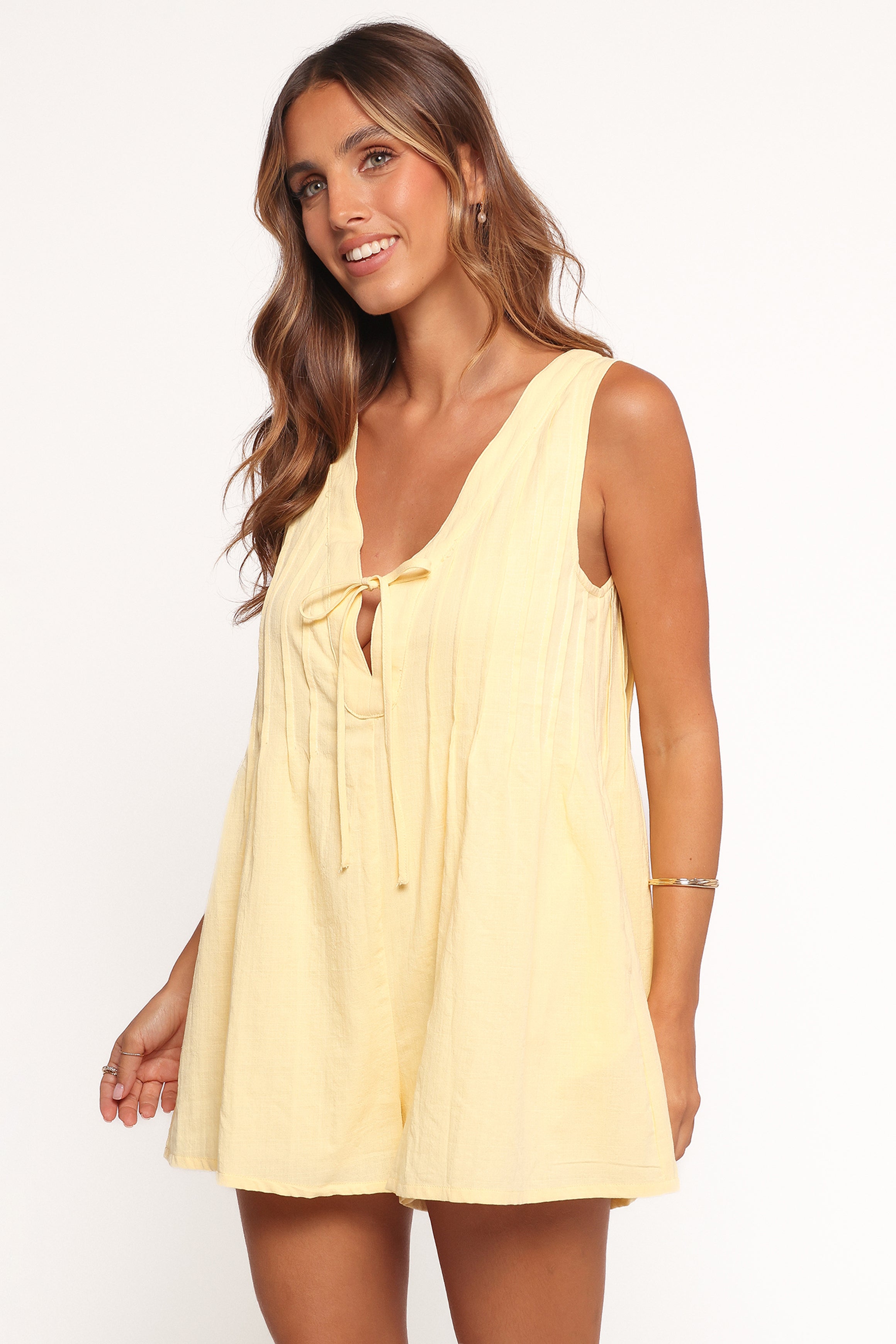 Kallie Tie Front Romper - Butter Yellow-Ladys Street