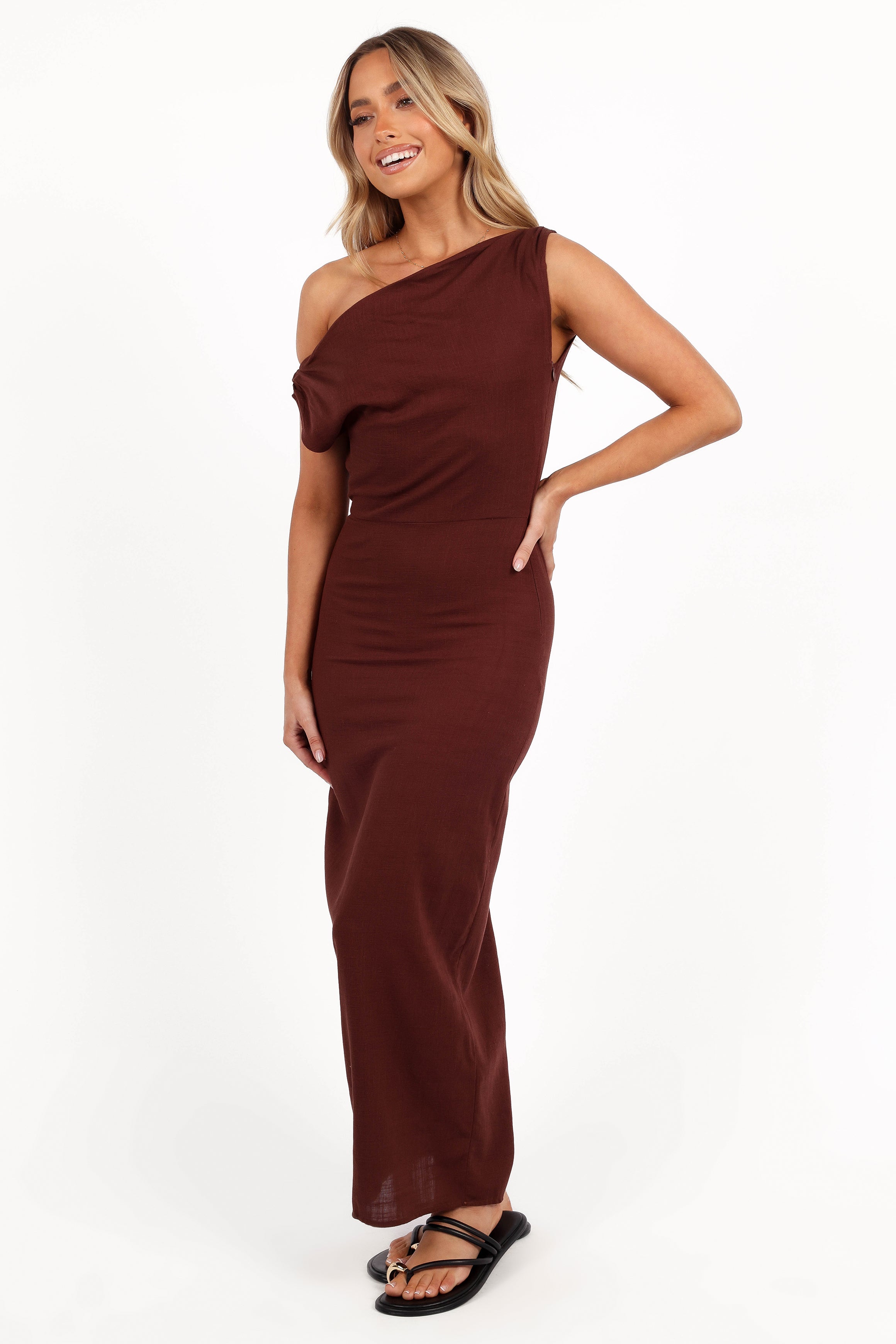 Kassie Off Shoulder Dress - Chocolate Brown-Ladys Street
