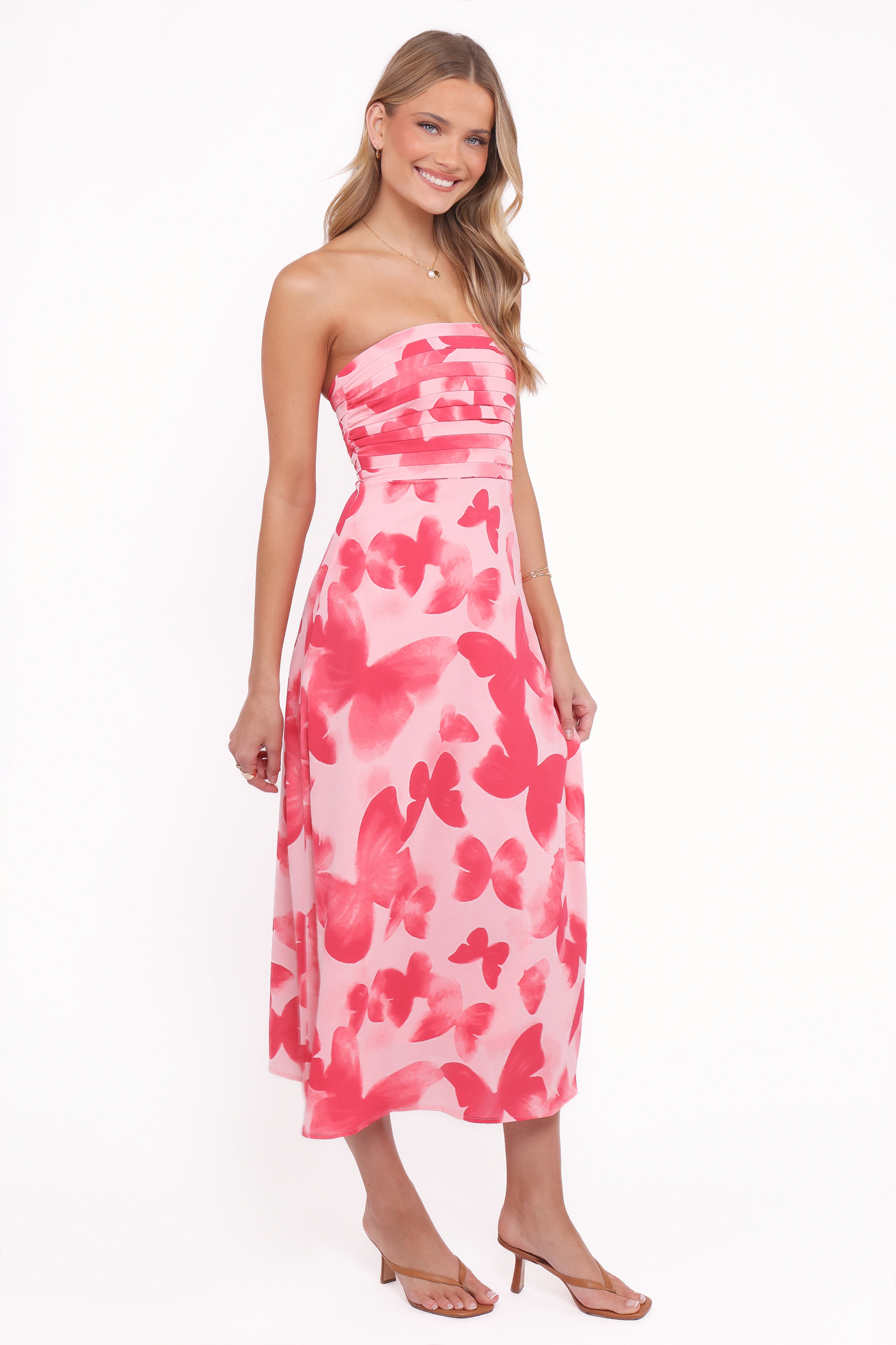 Kenna Strapless Midi Dress - Butterfly Print-Ladys Street