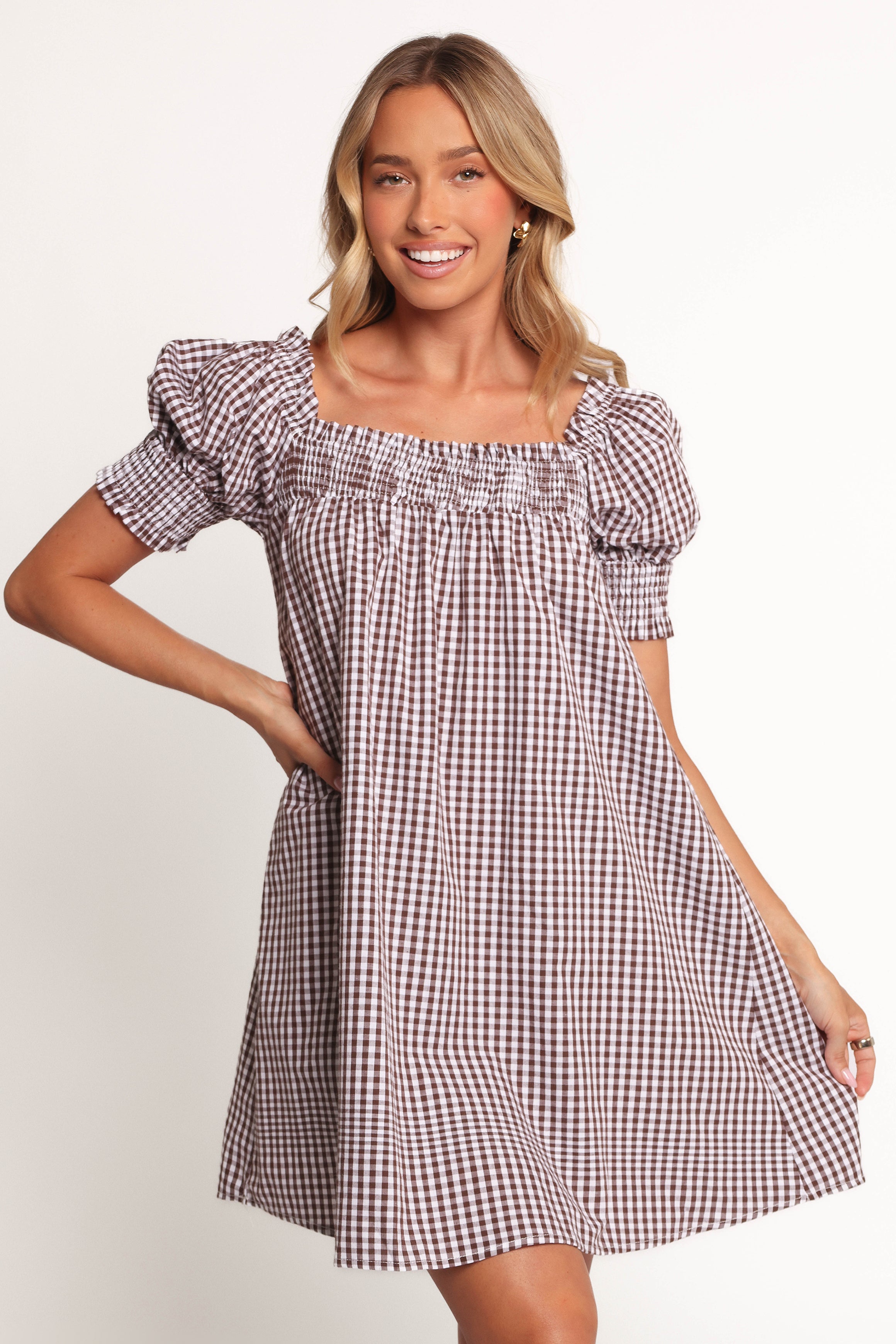 Kennedy Smock Mini Dress - Chocolate Gingham-Ladys Street