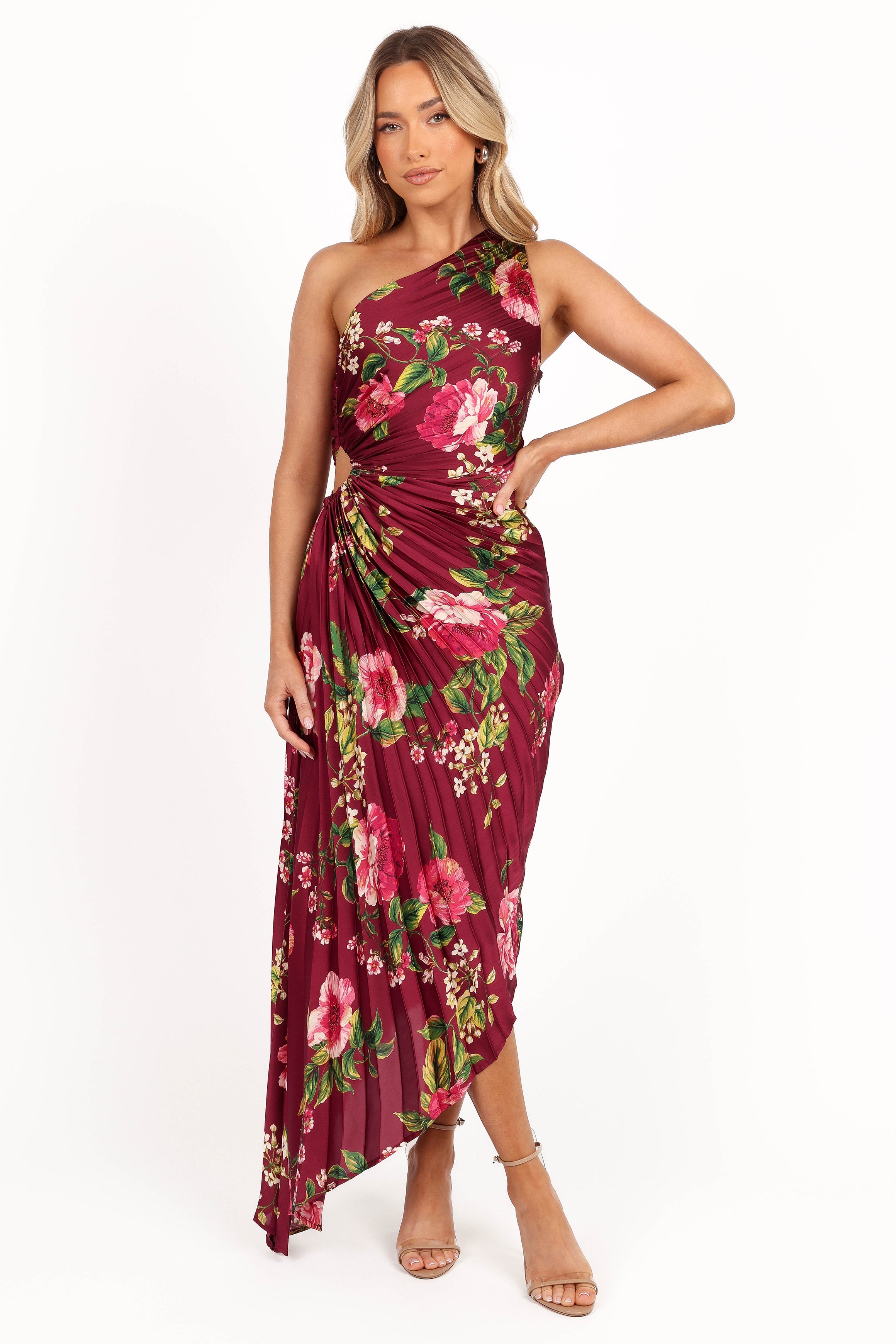 Kleo One Shoulder Maxi Dress - Burgundy Floral-Ladys Street