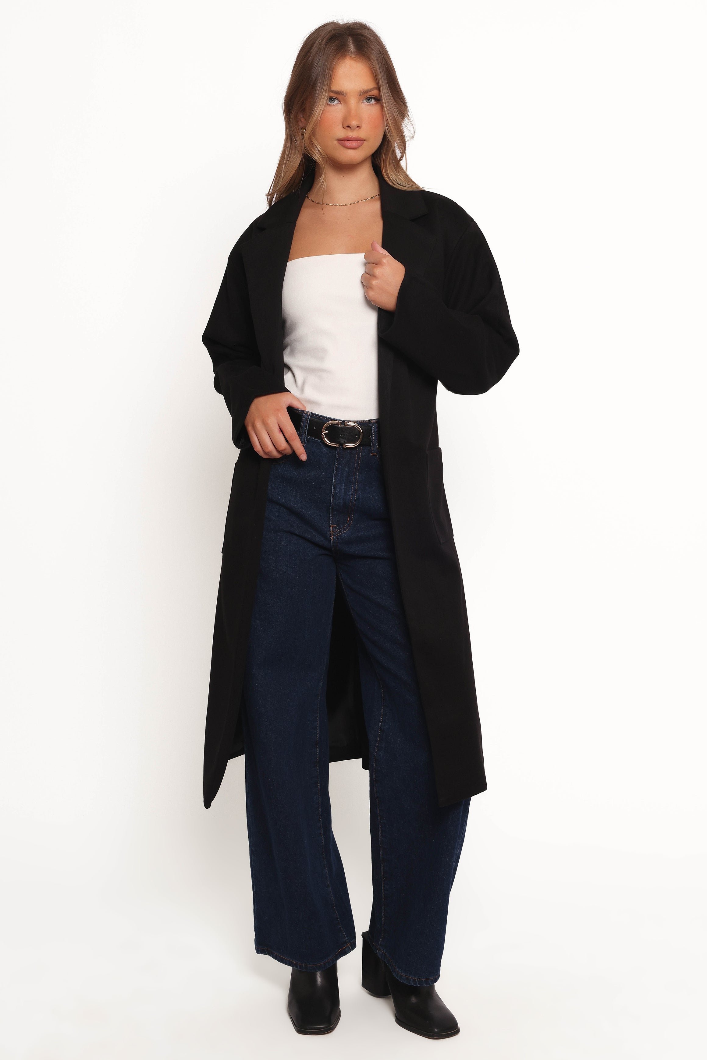 Kloss Tie Front Long Coat - Black-Ladys Street