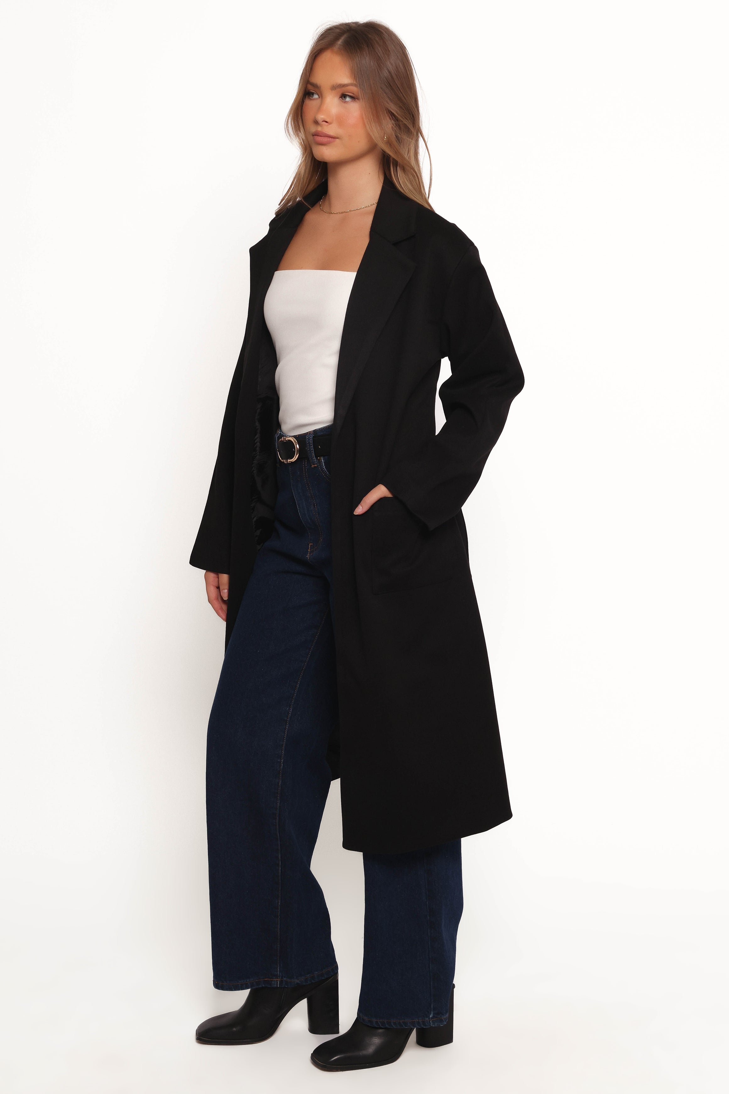 Kloss Tie Front Long Coat - Black-Ladys Street