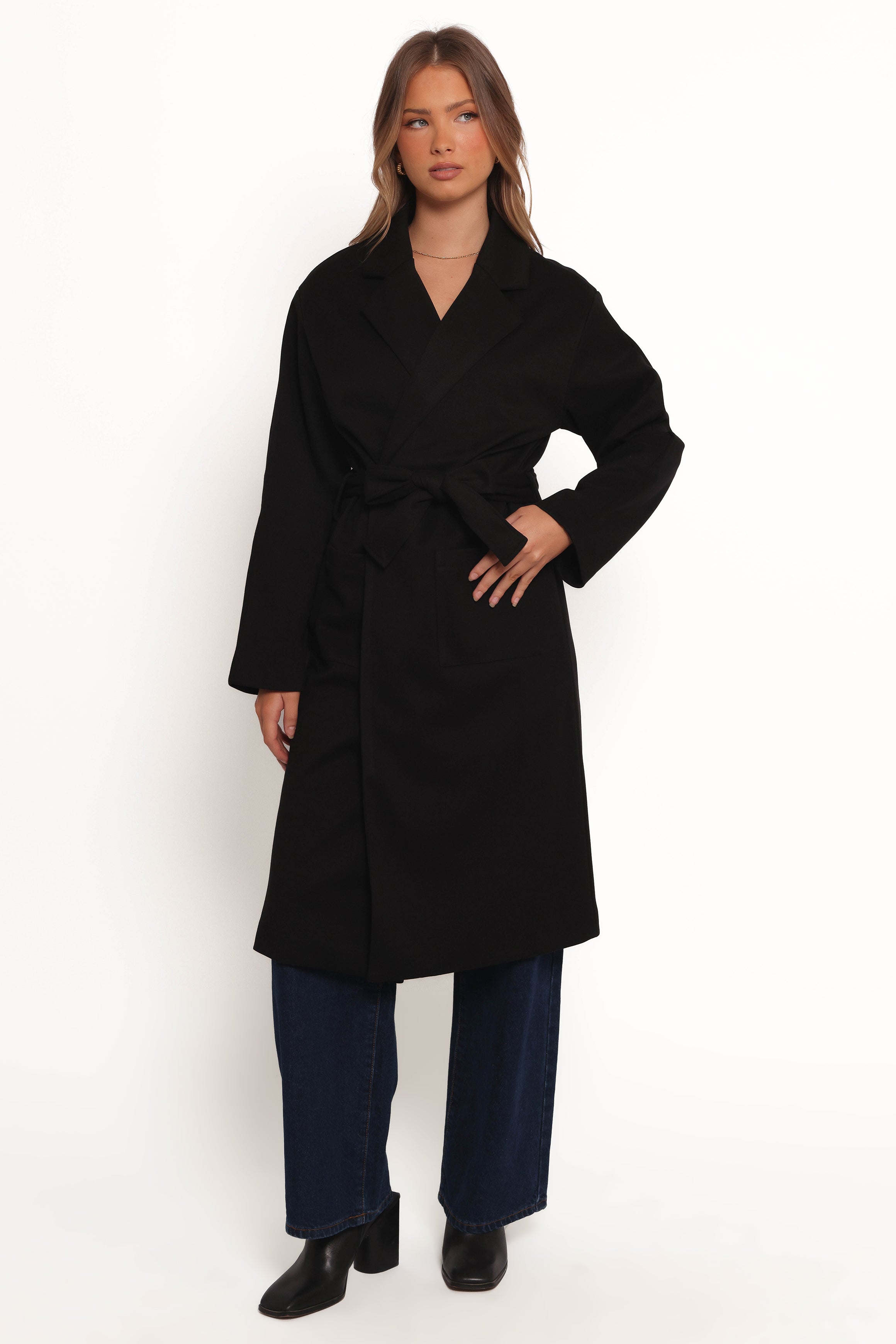 Kloss Tie Front Long Coat - Black-Ladys Street