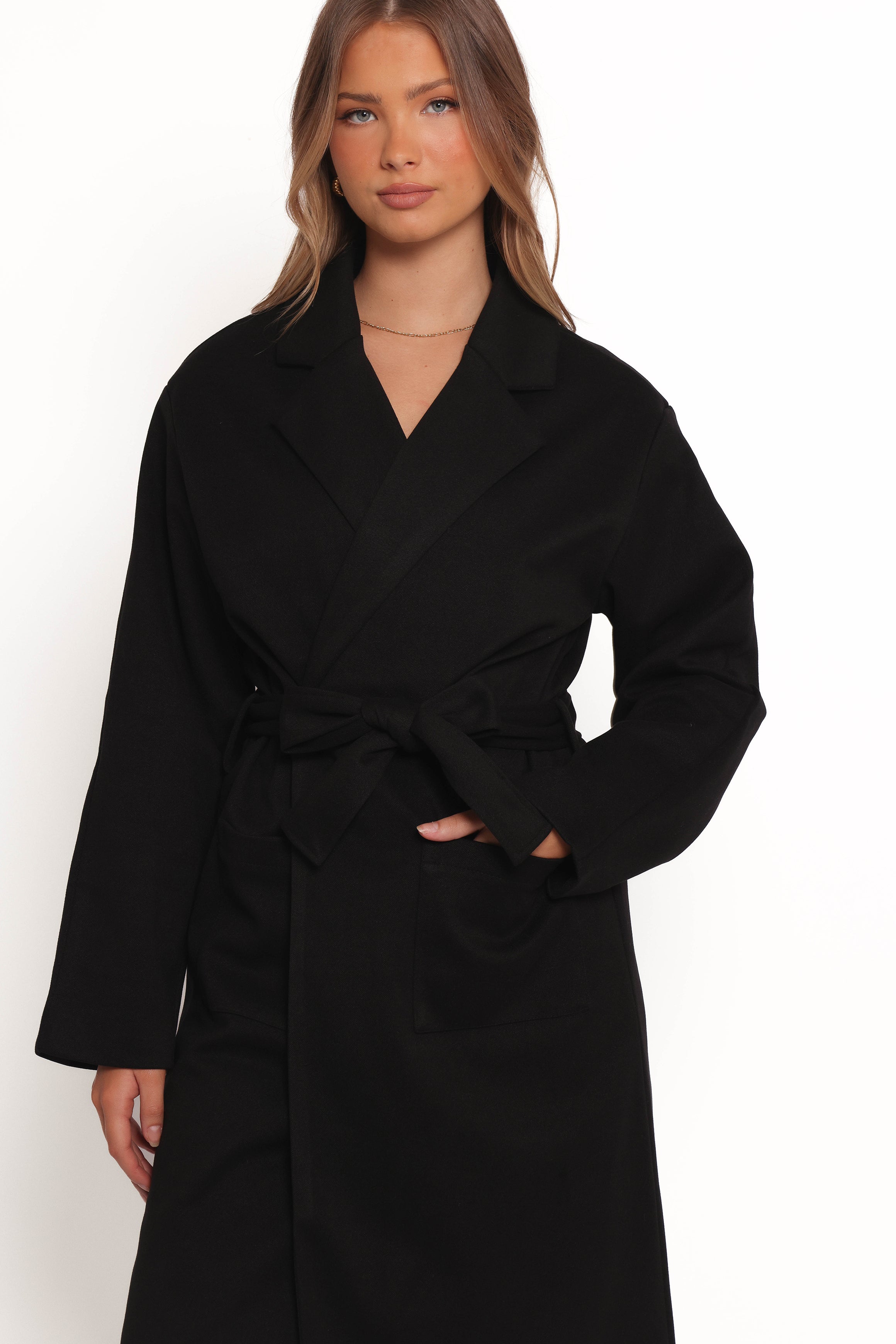 Kloss Tie Front Long Coat - Black-Ladys Street
