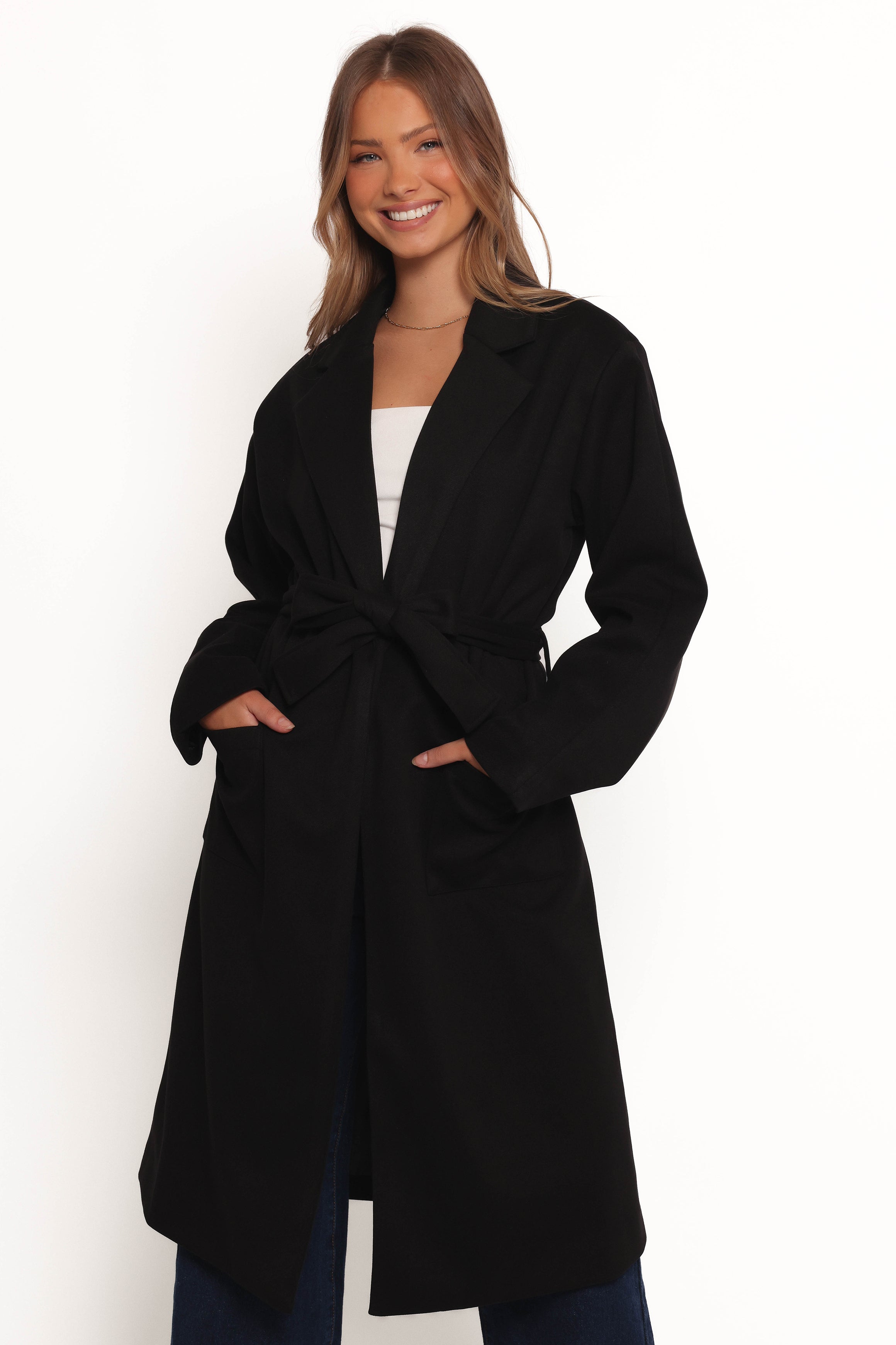 Kloss Tie Front Long Coat - Black-Ladys Street