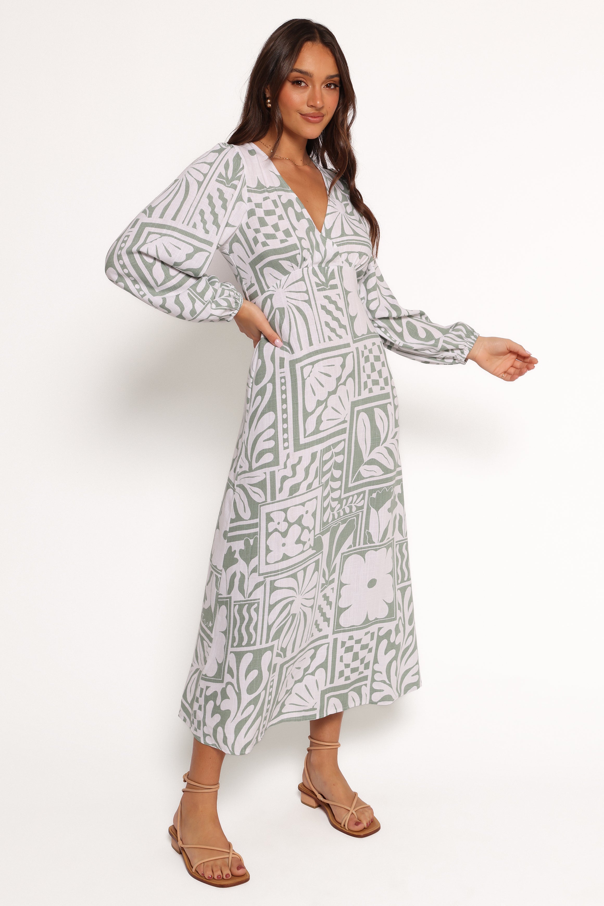 Kolby Long Sleeve Midi Dress - Sage Print-Ladys Street