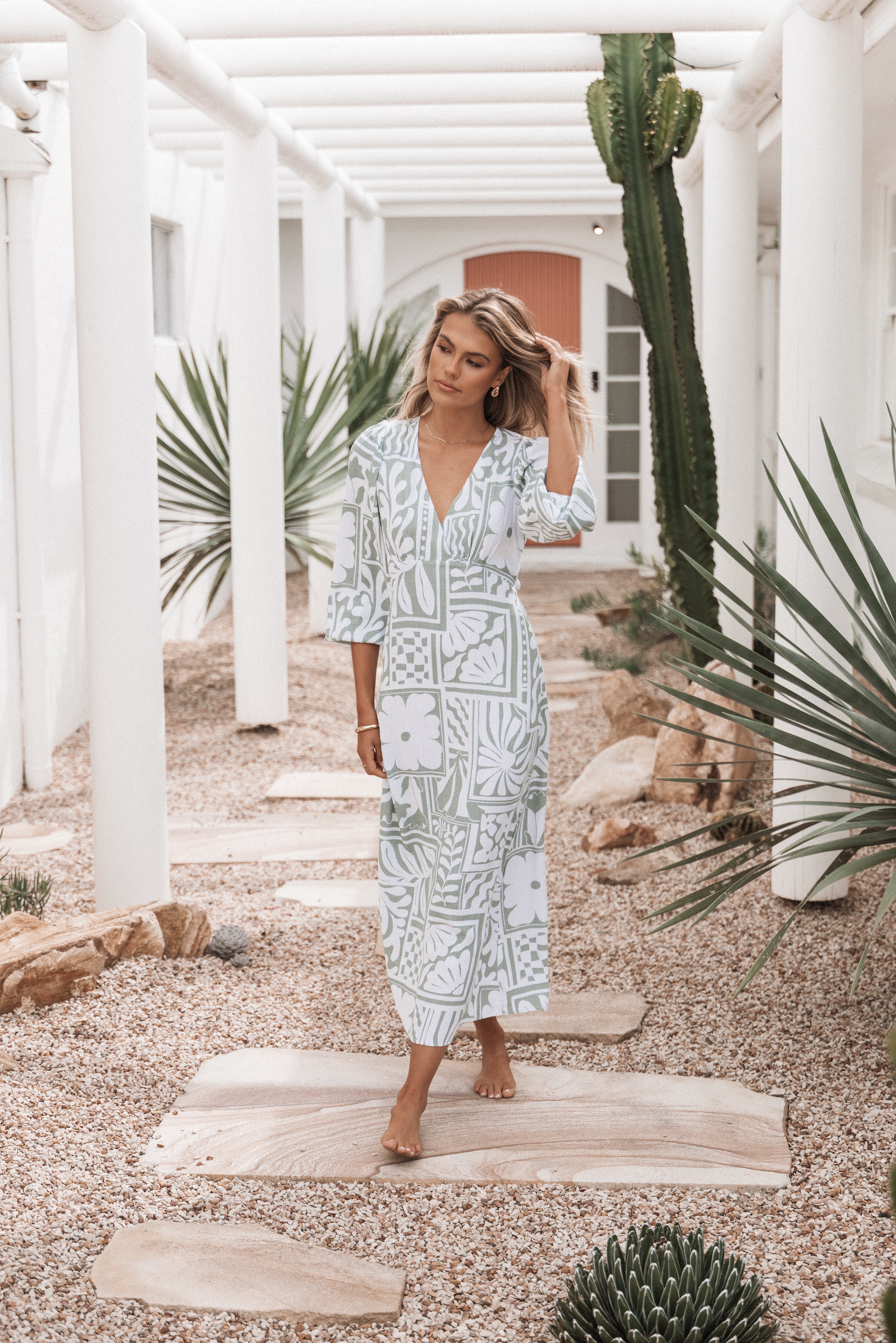 Kolby Long Sleeve Midi Dress - Sage Print-Ladys Street