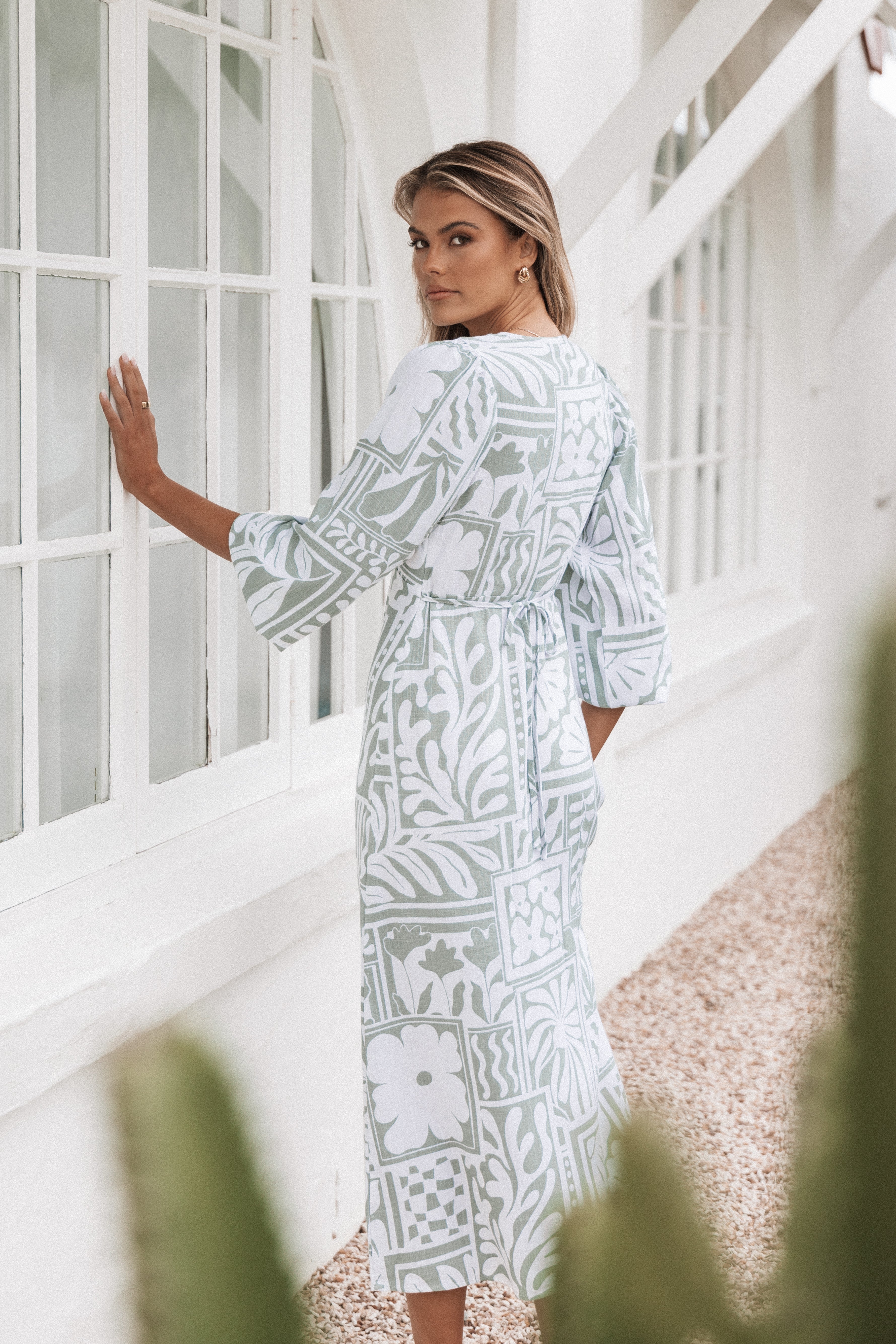 Kolby Long Sleeve Midi Dress - Sage Print-Ladys Street