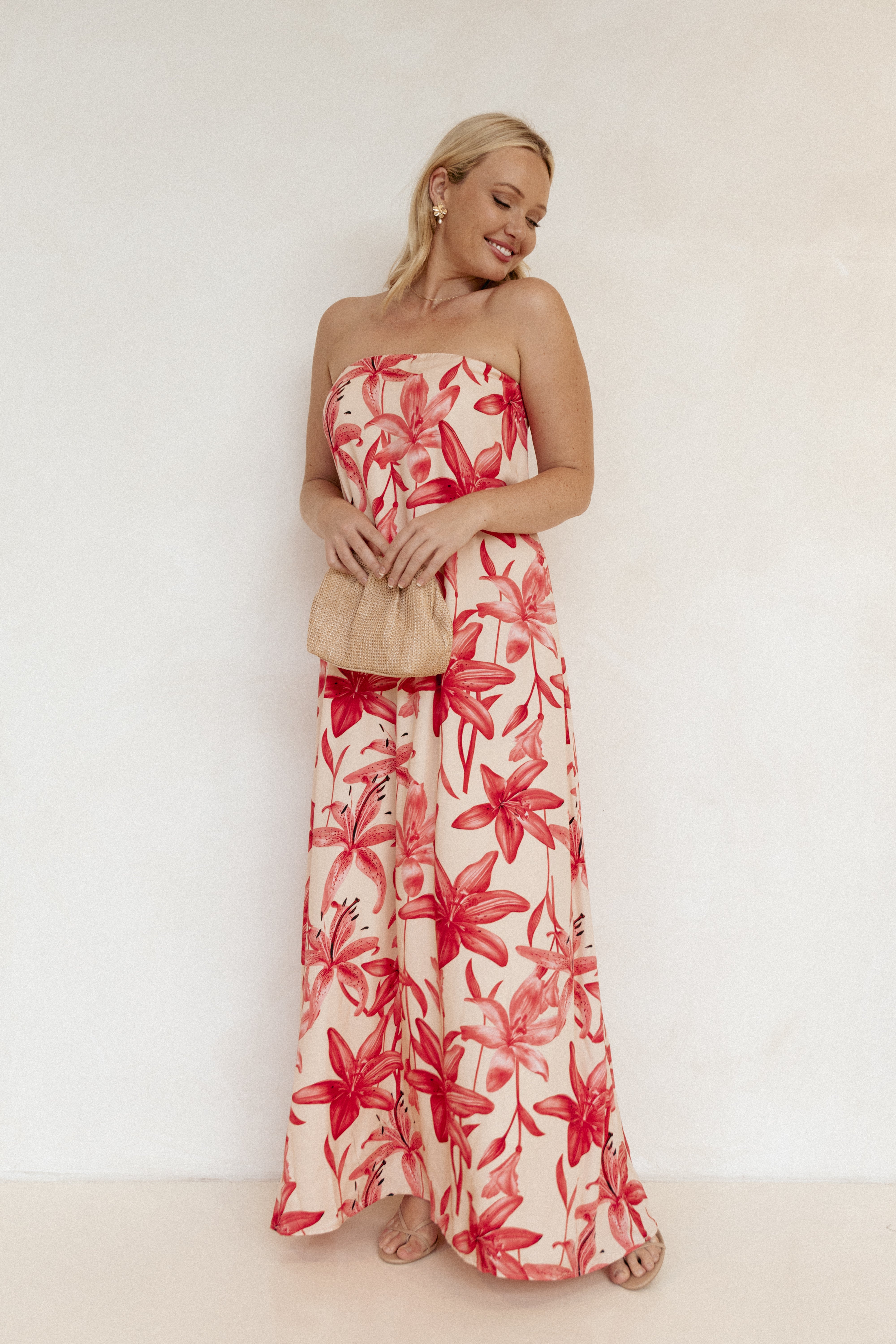 Lani A Line Strapless Maxi Dress - Pink Floral-Ladys Street