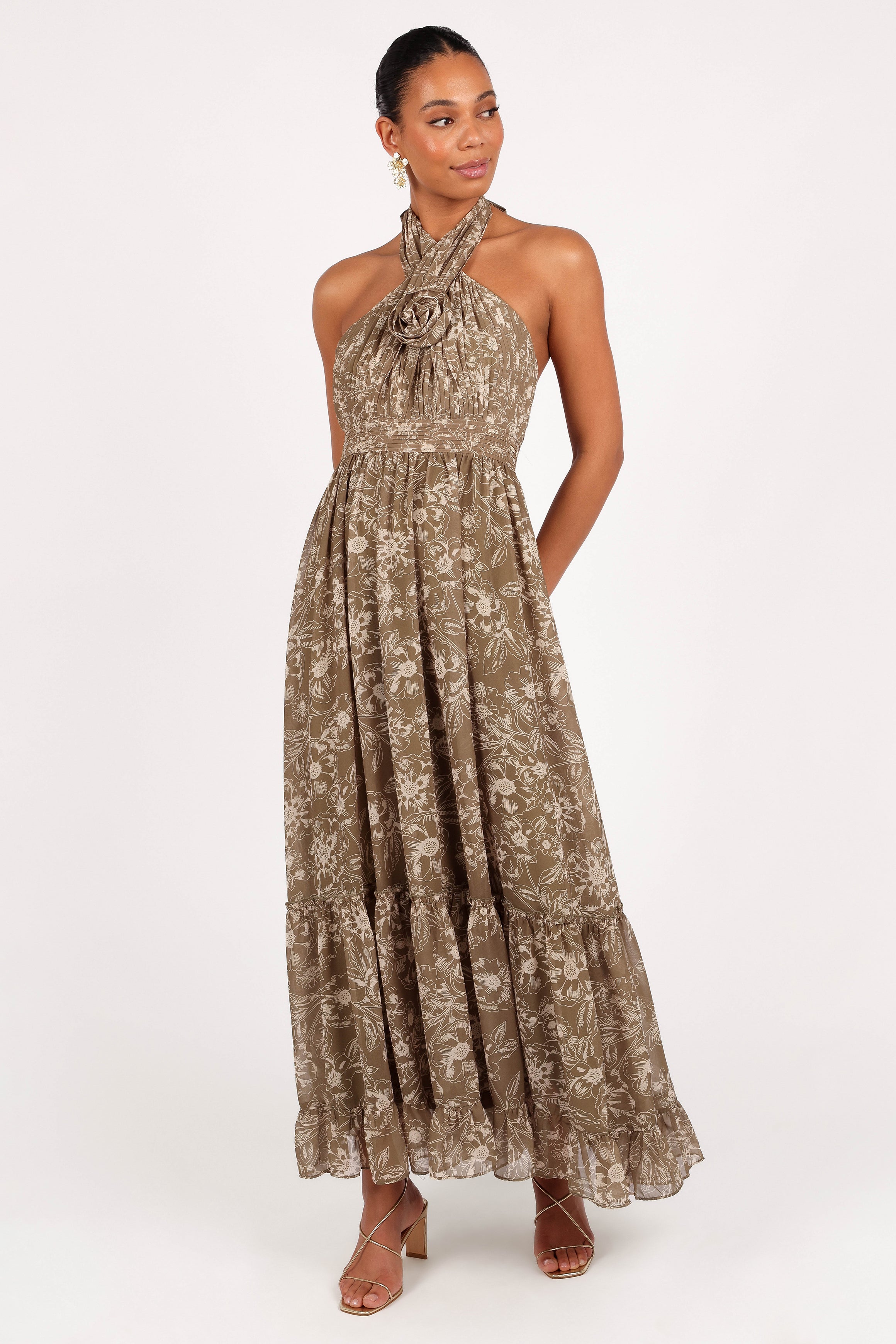Lennon Halterneck Maxi Dress - Olive Floral-Ladys Street