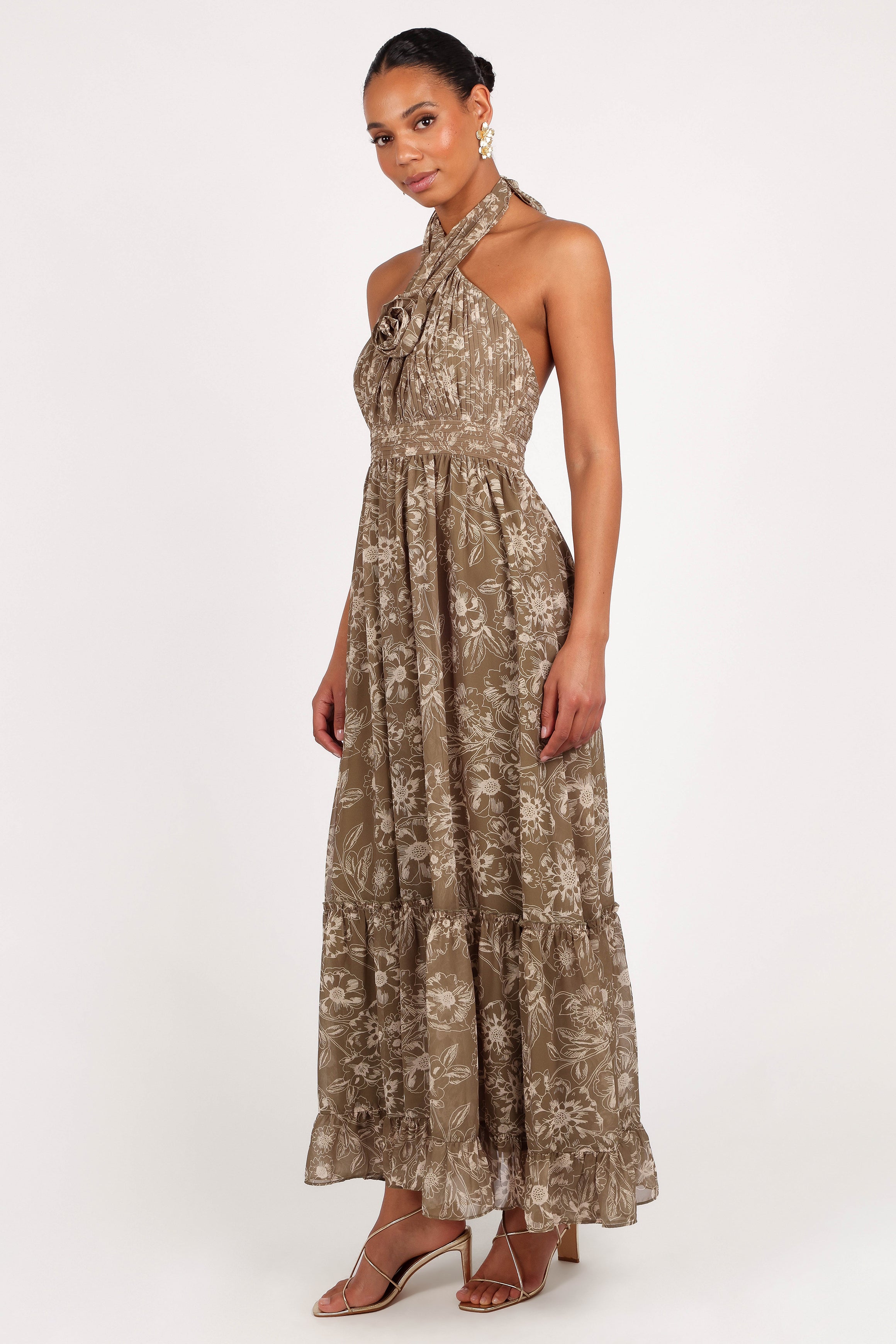 Lennon Halterneck Maxi Dress - Olive Floral-Ladys Street