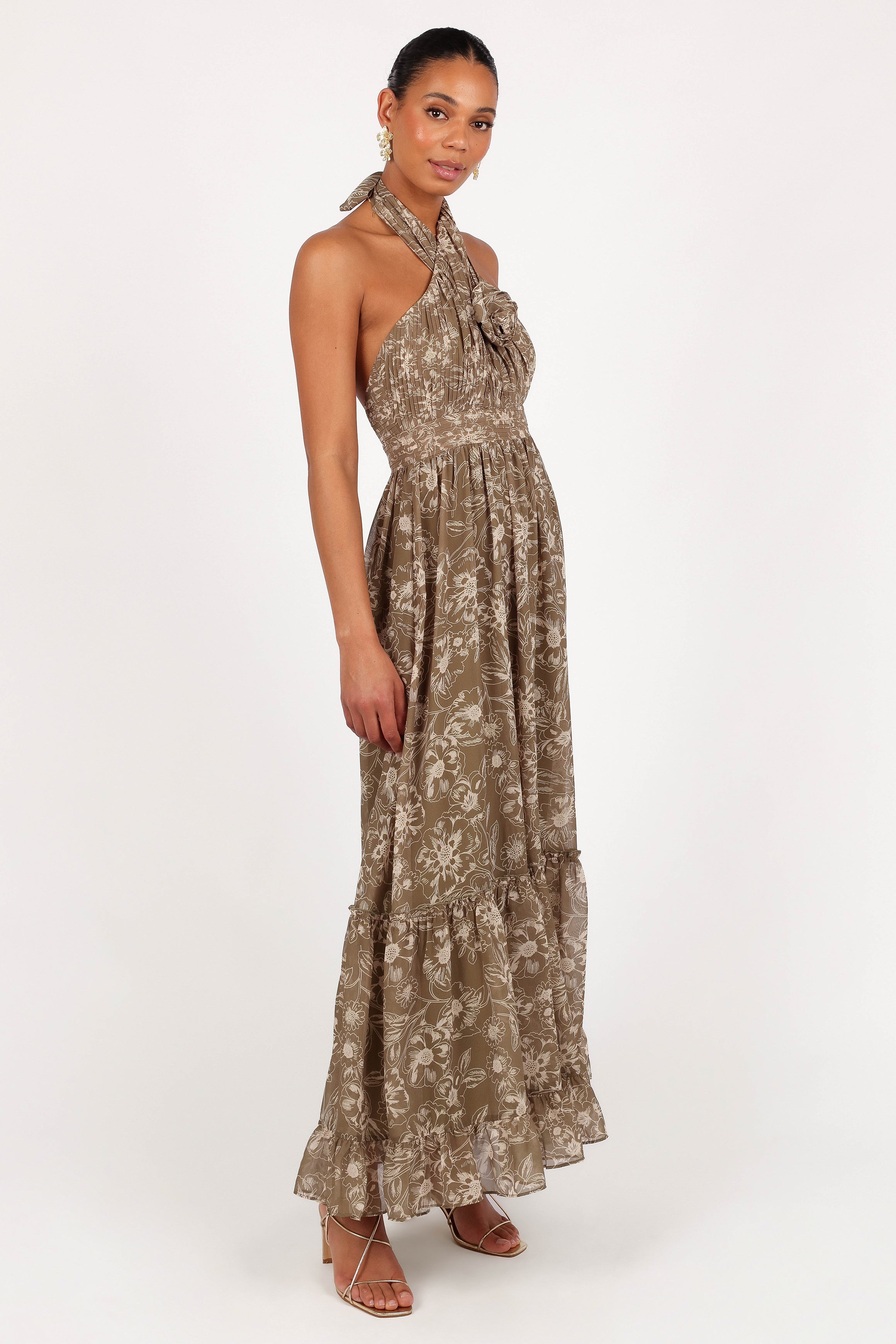 Lennon Halterneck Maxi Dress - Olive Floral-Ladys Street