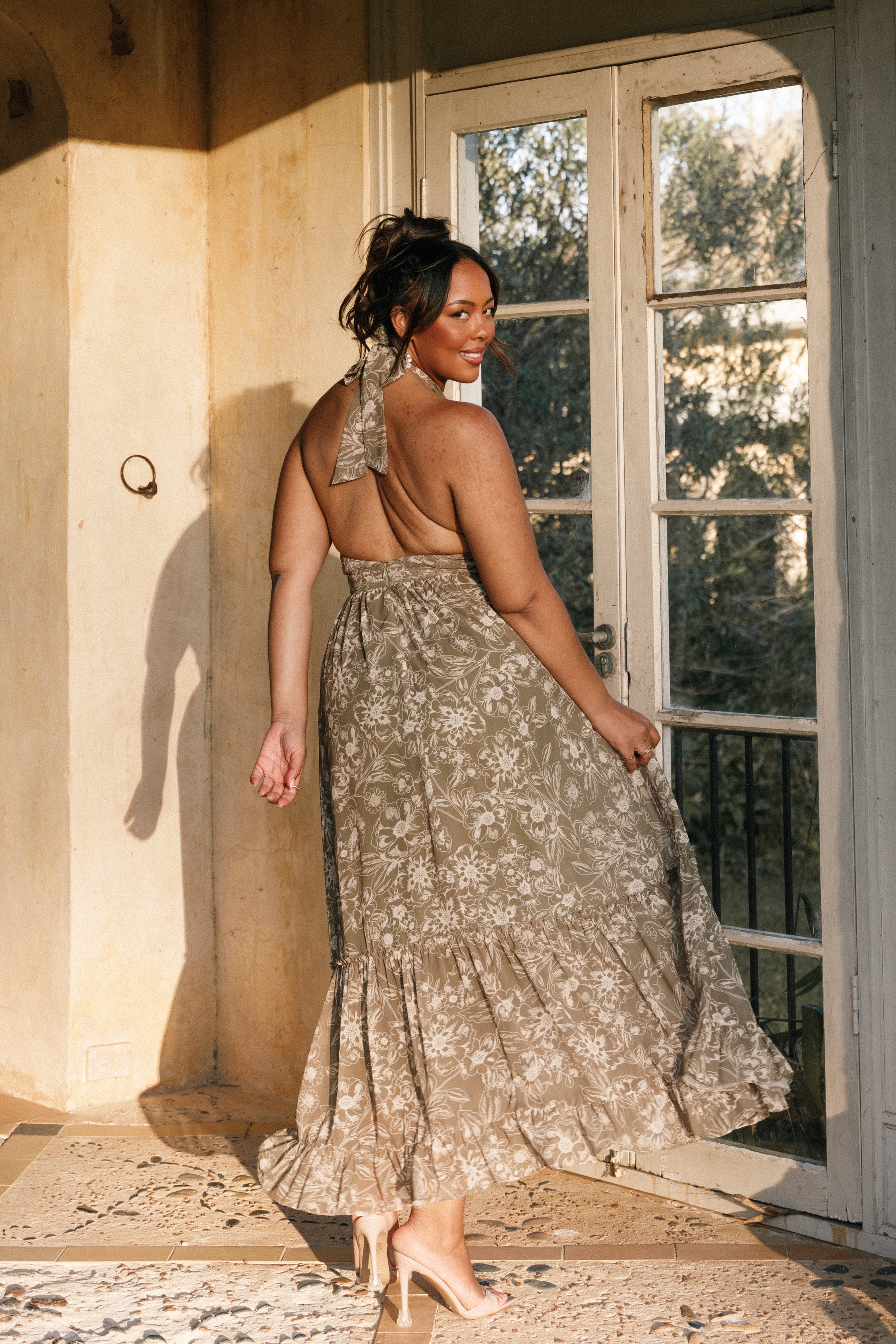 Lennon Halterneck Maxi Dress - Olive Floral-Ladys Street