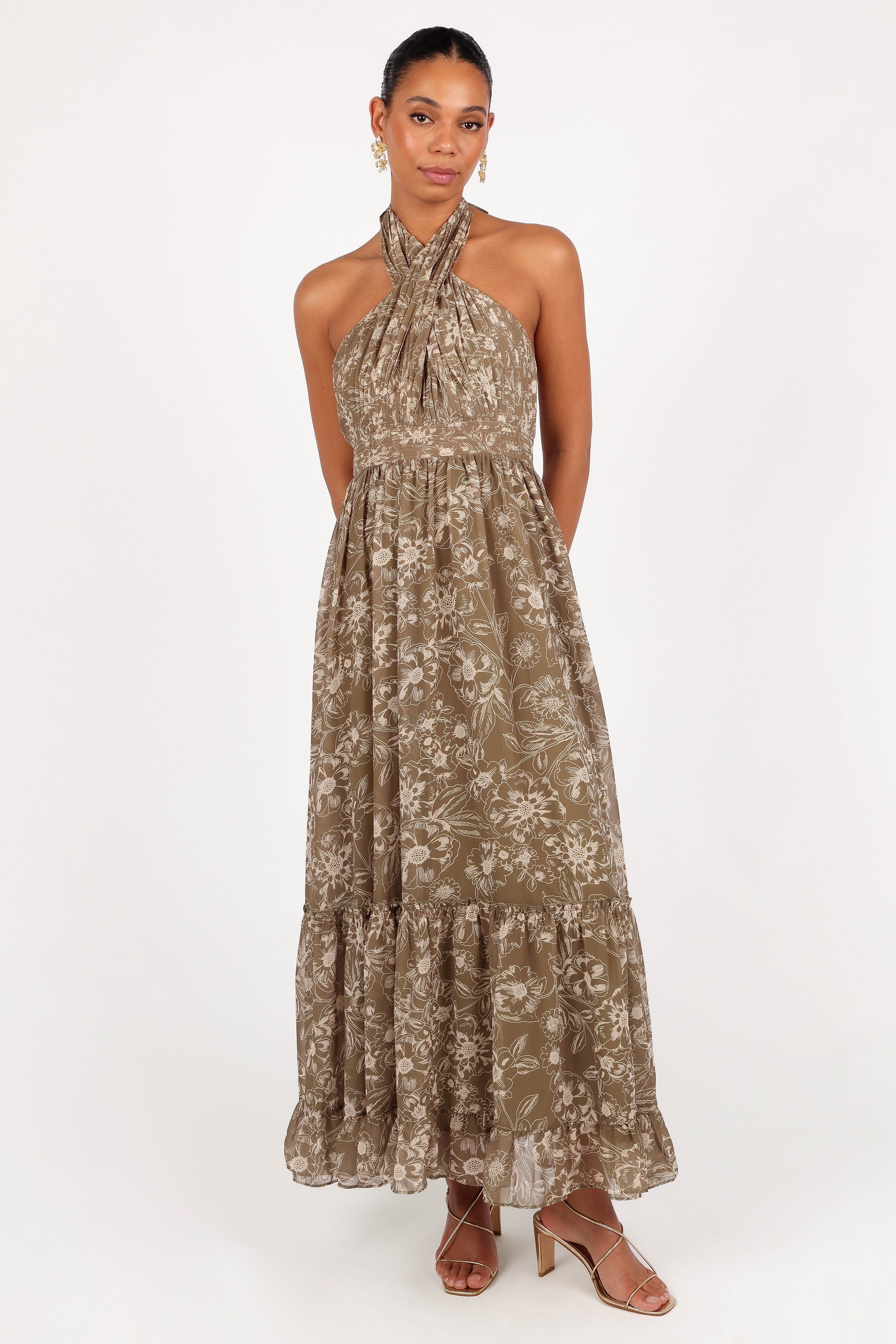 Lennon Halterneck Maxi Dress - Olive Floral-Ladys Street