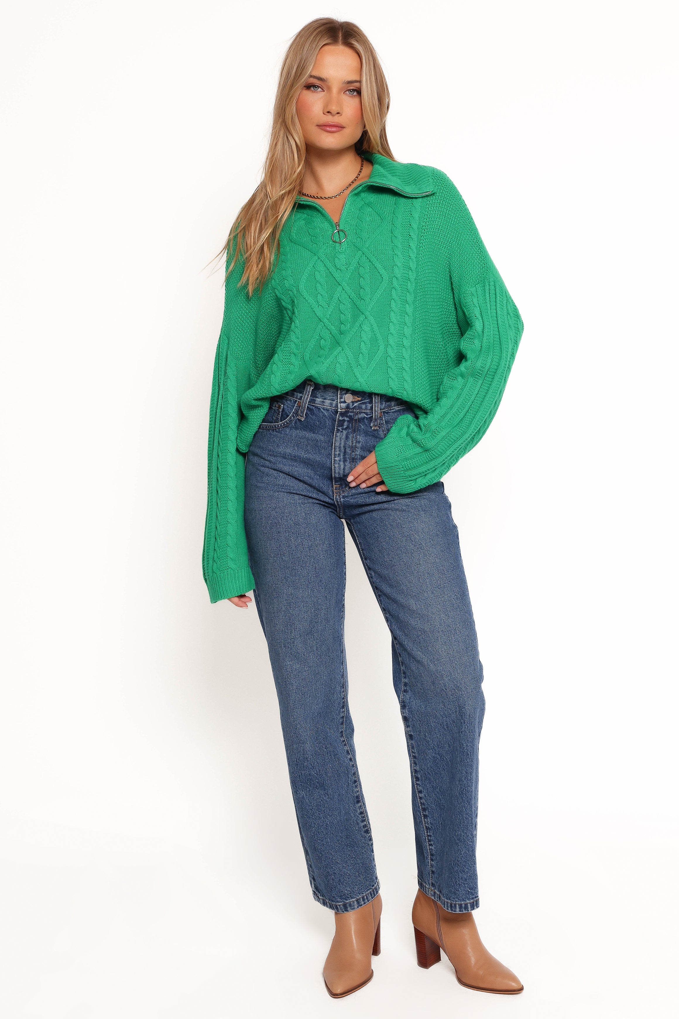 Leon Quarter Zip Cable Knit Sweater - Green-Ladys Street