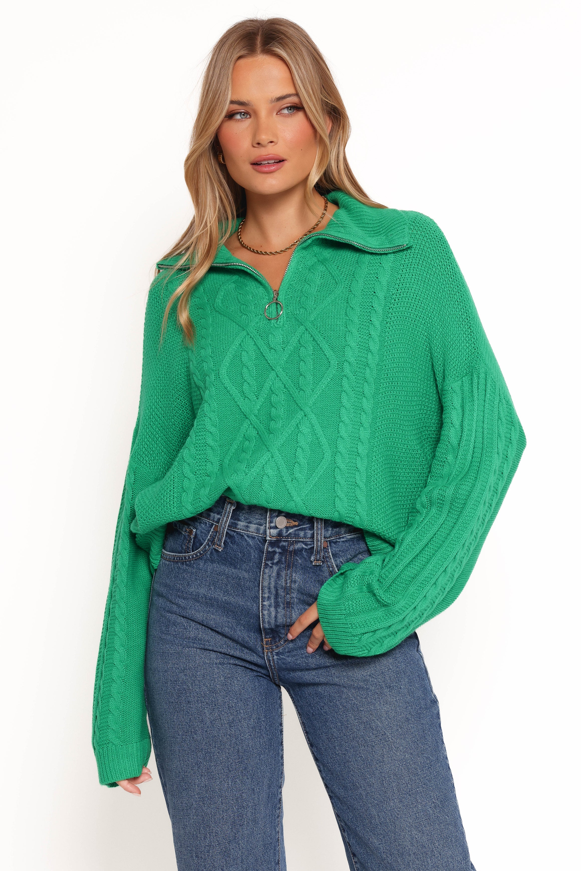 Leon Quarter Zip Cable Knit Sweater - Green-Ladys Street