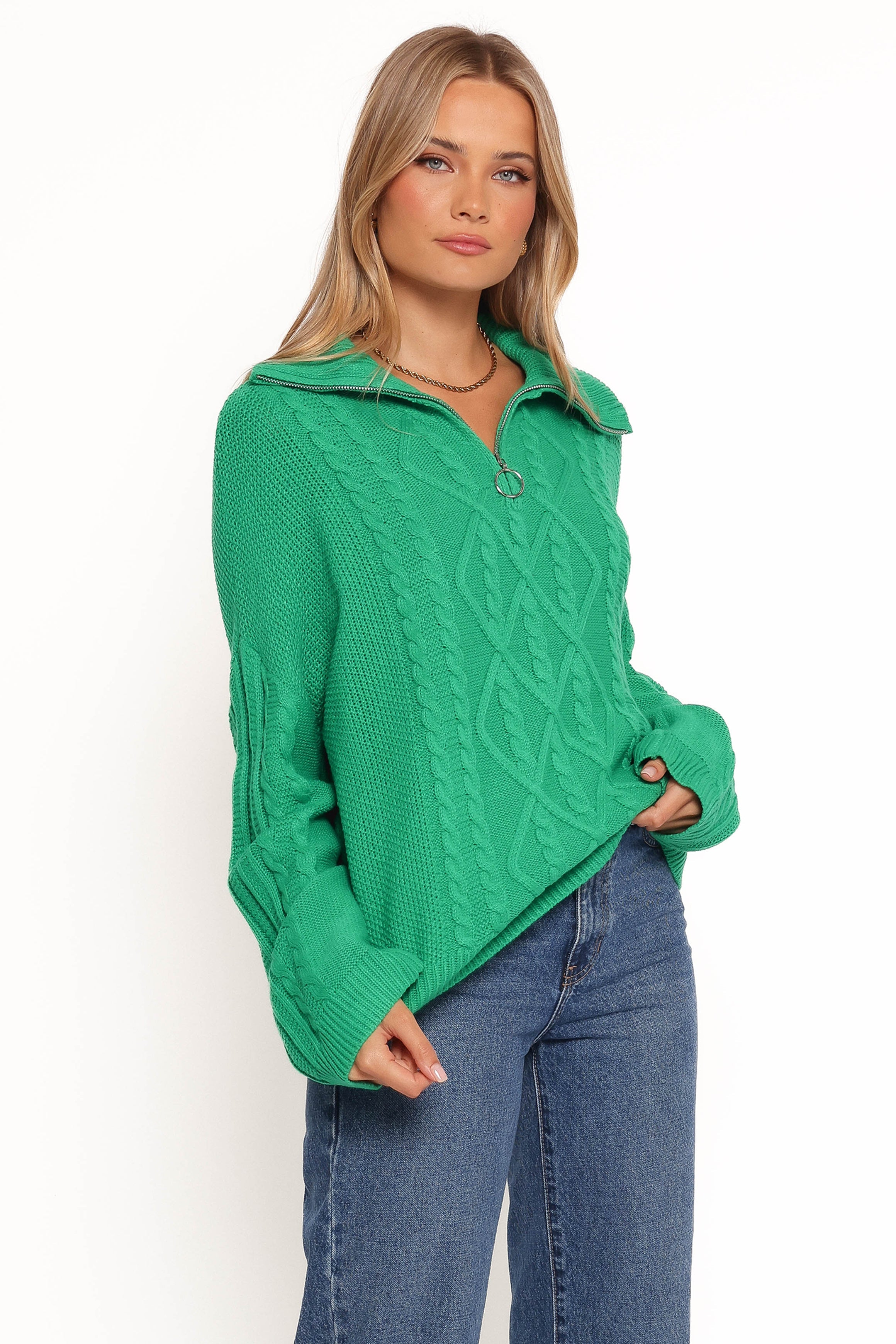 Leon Quarter Zip Cable Knit Sweater - Green-Ladys Street