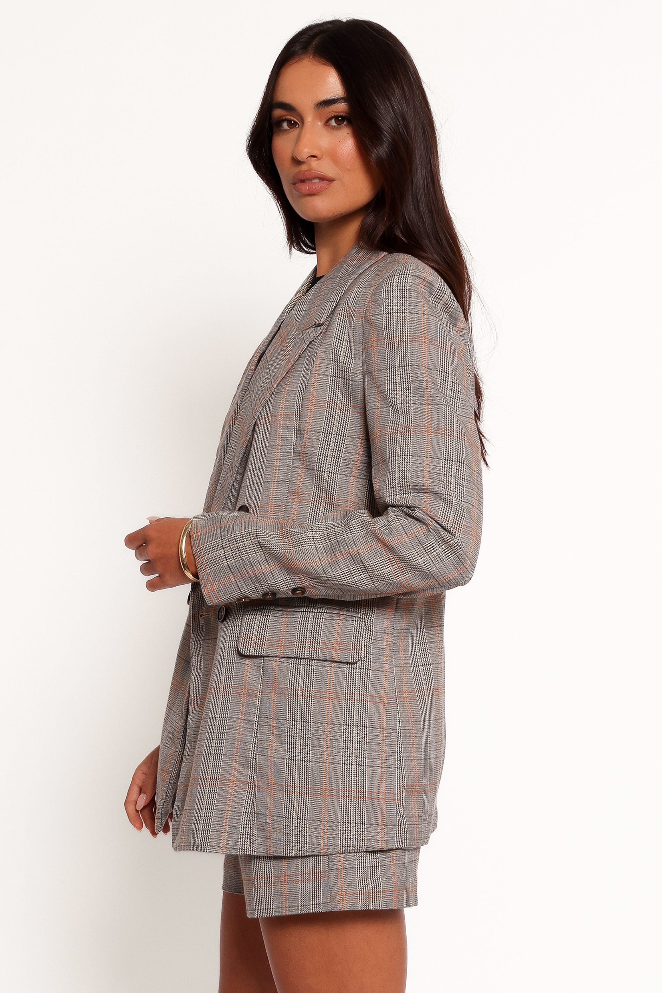Lesia Double Button Fitted Plaid Blazer - Taupe Multi-Ladys Street