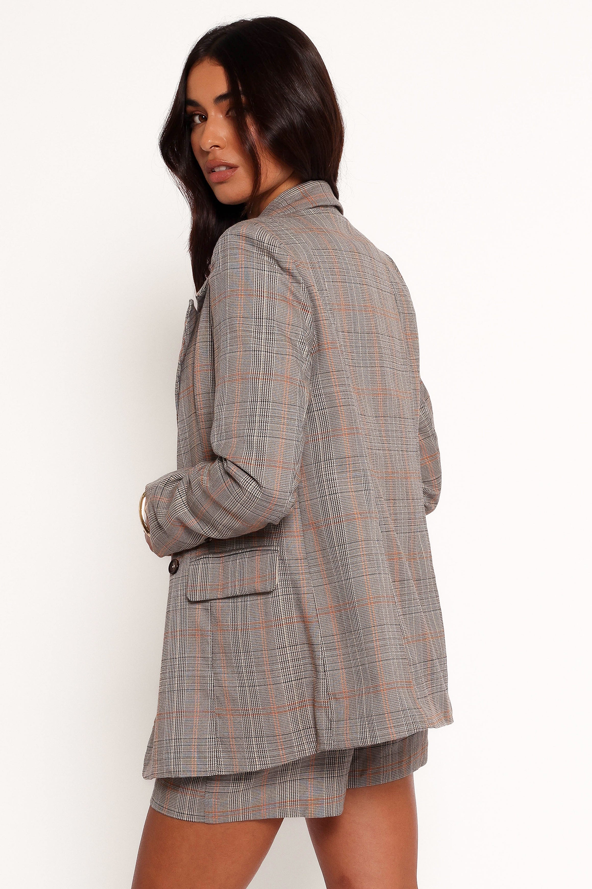Lesia Double Button Fitted Plaid Blazer - Taupe Multi-Ladys Street