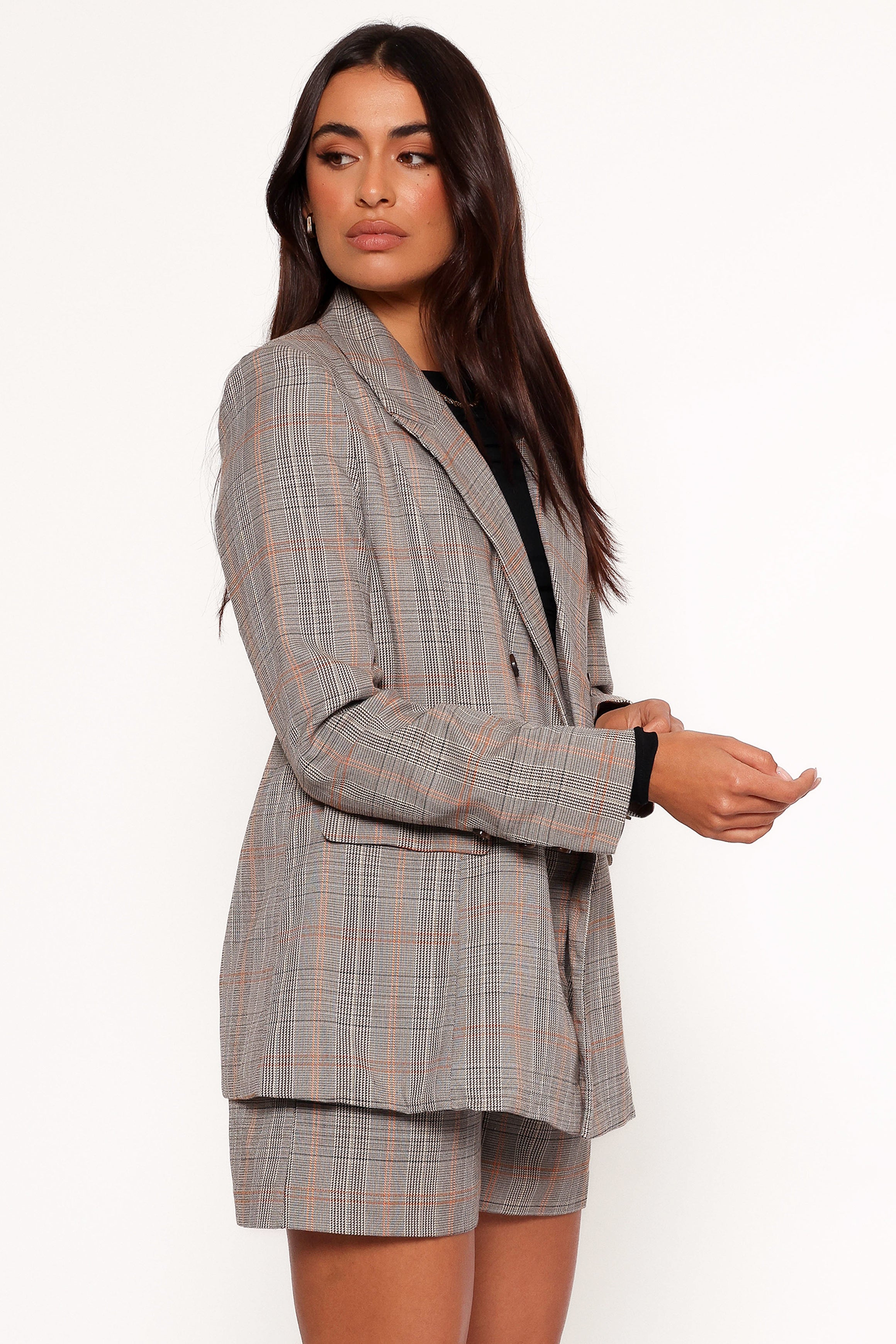 Lesia Double Button Fitted Plaid Blazer - Taupe Multi-Ladys Street