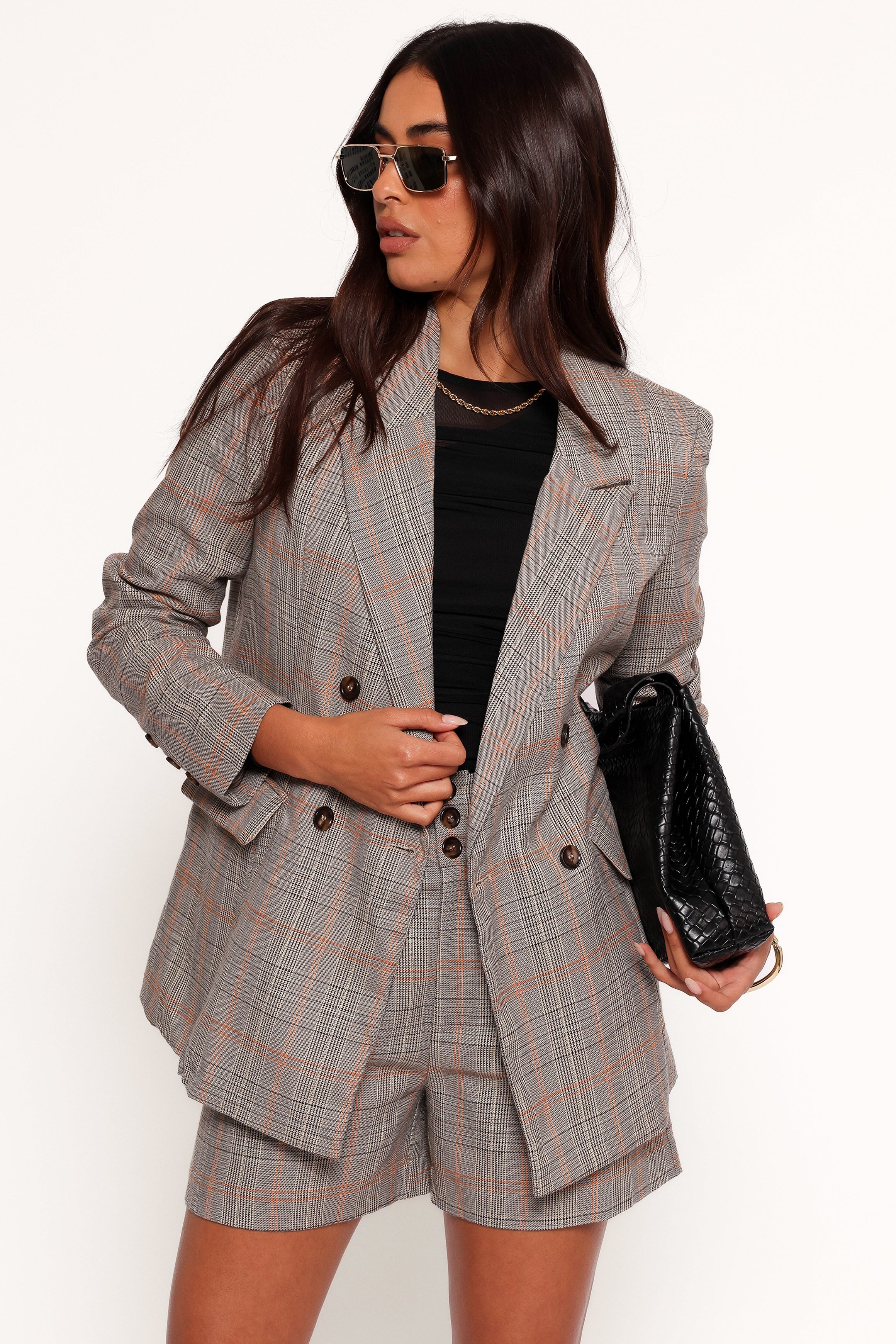 Lesia Double Button Fitted Plaid Blazer - Taupe Multi-Ladys Street