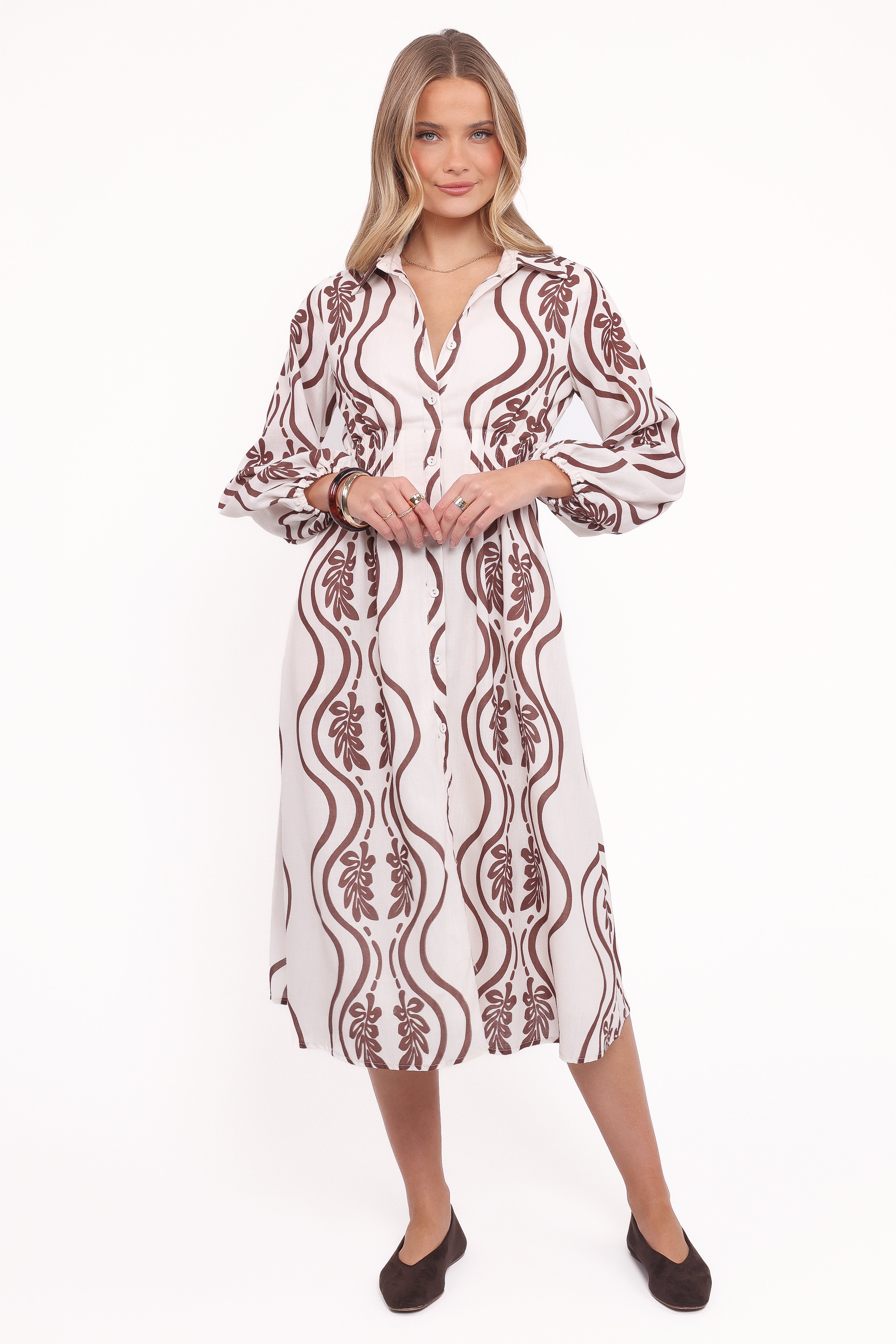 Lira Long Sleeve Midi Dress - Brown Print-Ladys Street