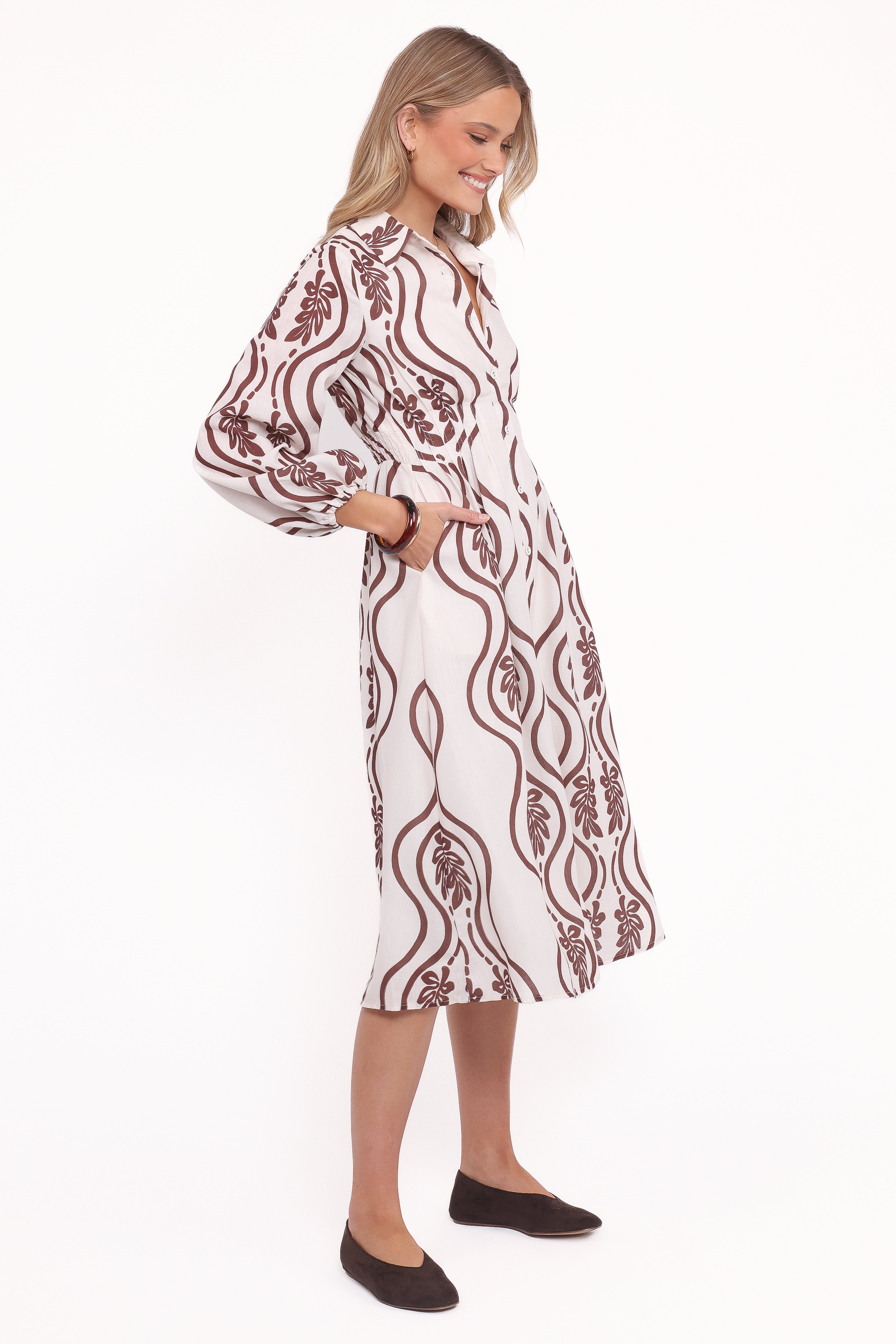 Lira Long Sleeve Midi Dress - Brown Print-Ladys Street