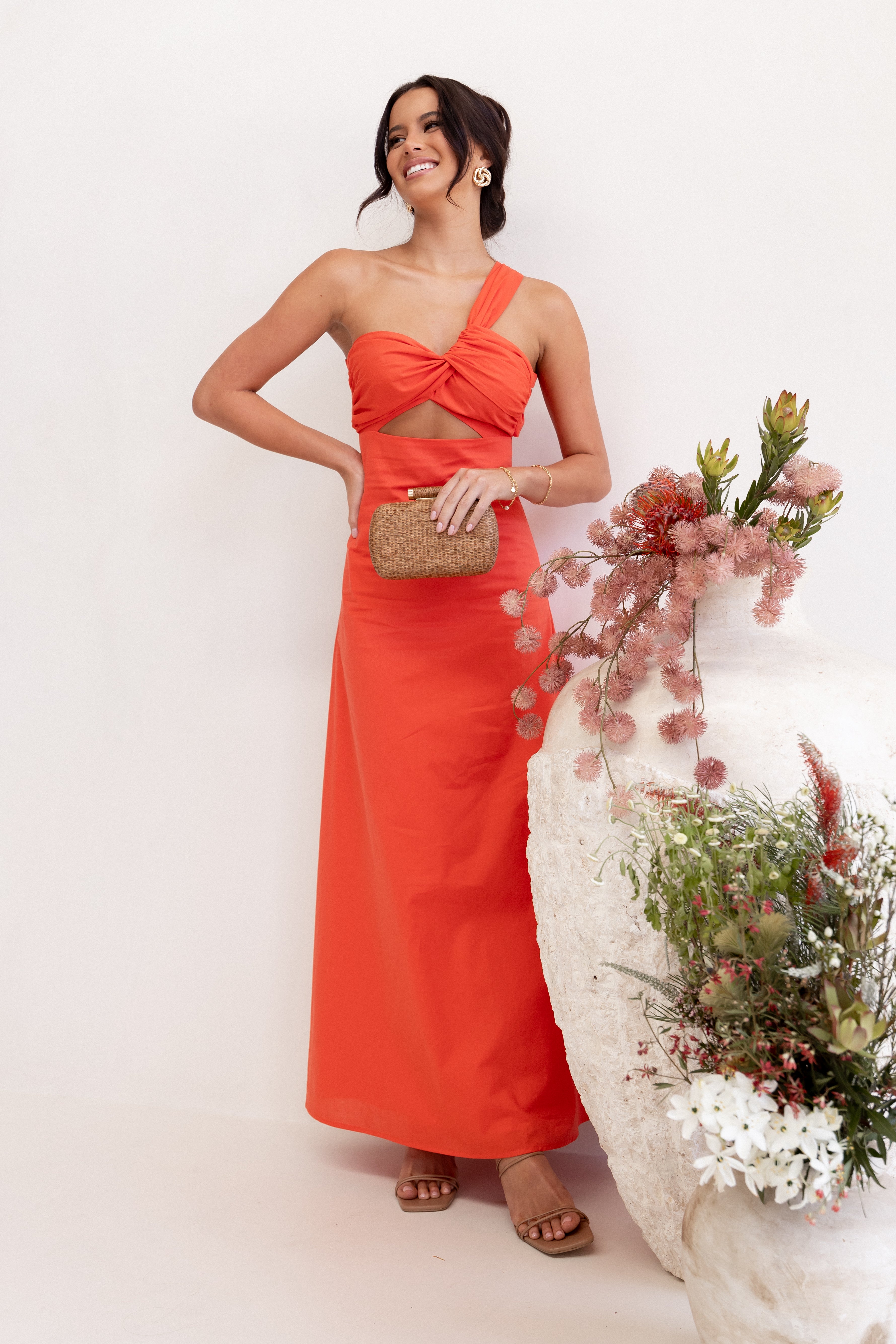 Luna One Shoulder Maxi Dress - Tangerine-Ladys Street