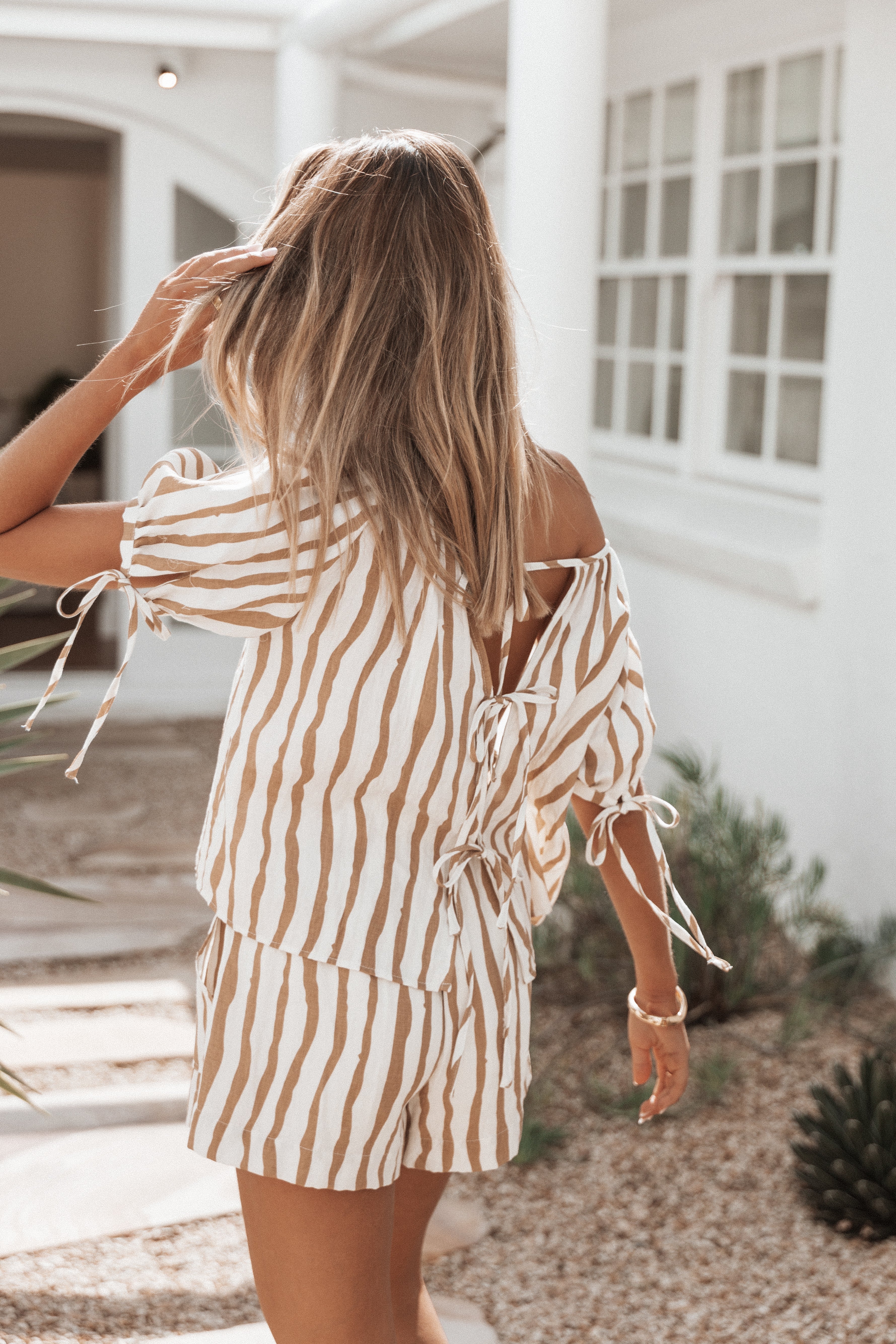 Maggie Two Piece Set - White Tan Stripe-Ladys Street