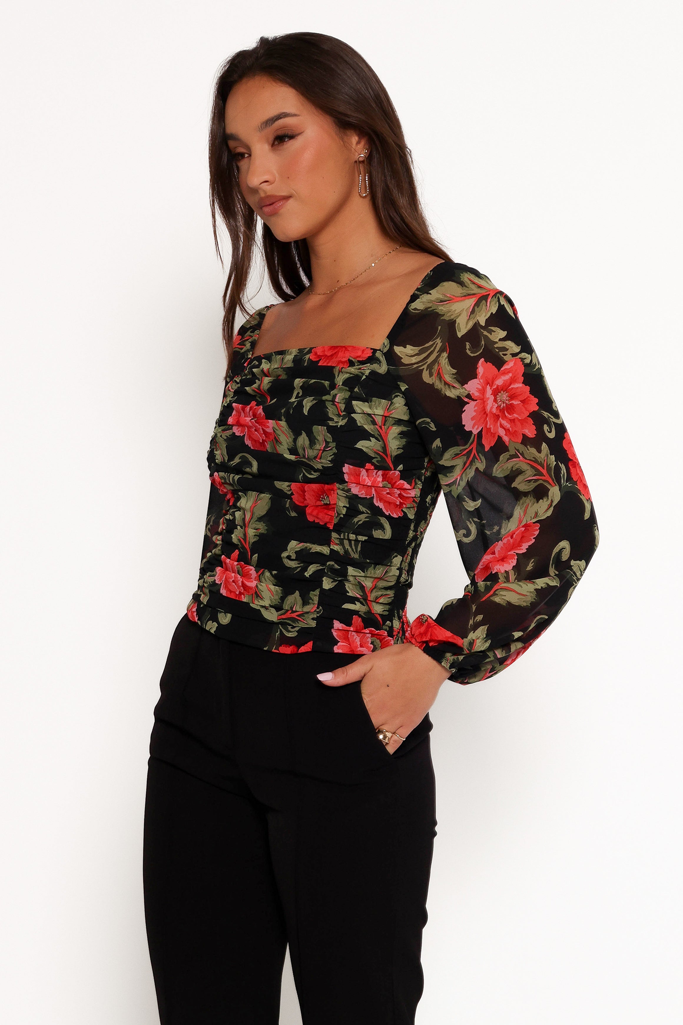 Maia Long Sleeve Top - Black Floral-Ladys Street