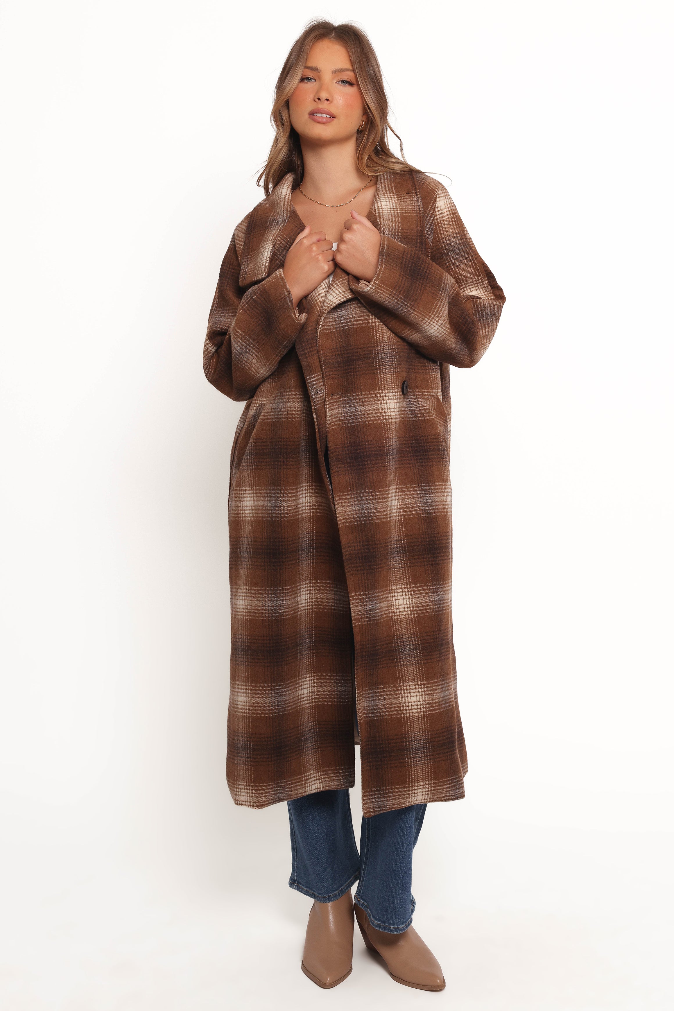 Maya Long Coat - Brown Check-Ladys Street