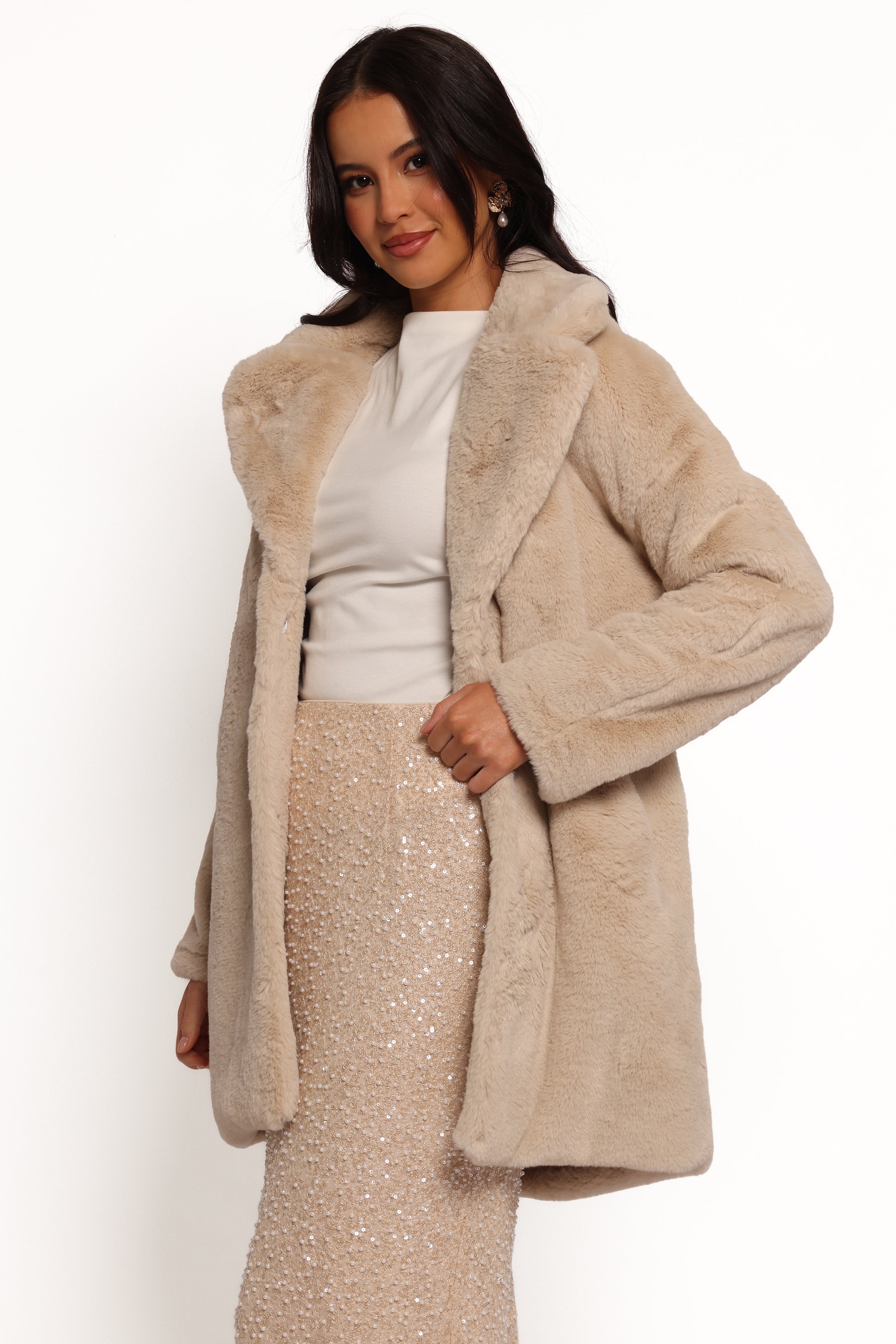 Meeka Faux Fur Jacket - Beige-Ladys Street