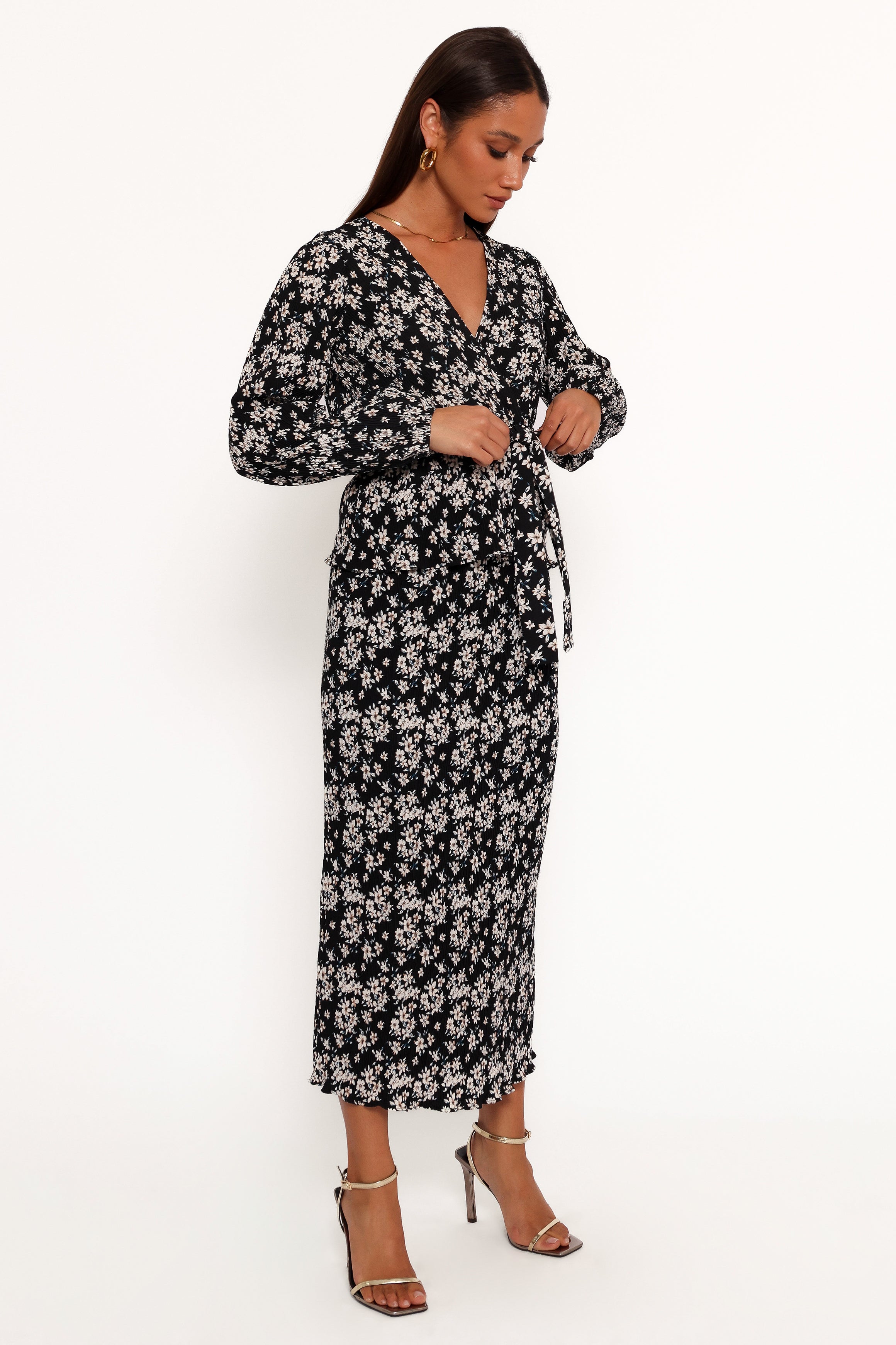 Minelli Pleat Midi Skirt - Black/White Floral-Ladys Street