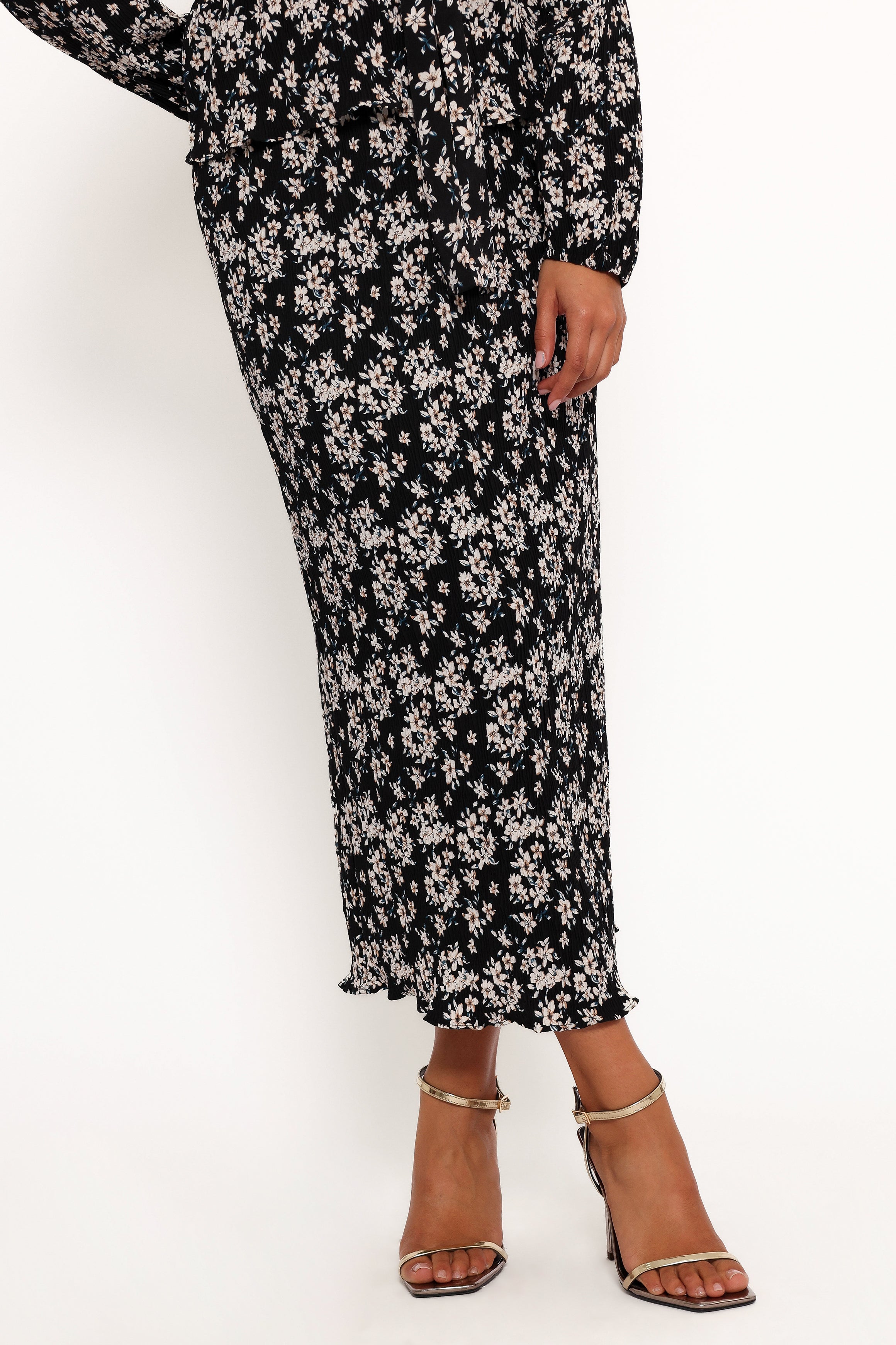 Minelli Pleat Midi Skirt - Black/White Floral-Ladys Street