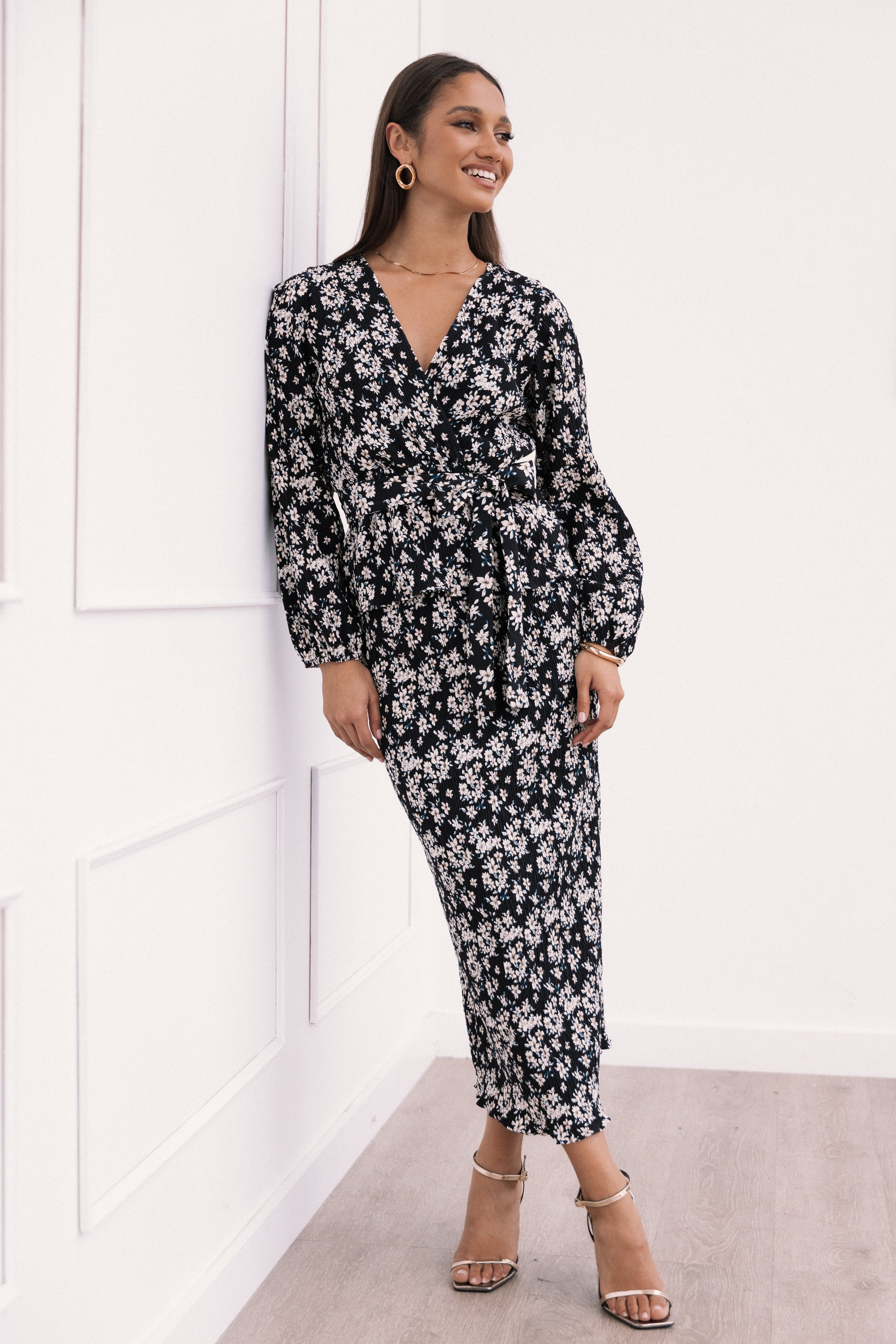 Minelli Pleat Midi Skirt - Black/White Floral-Ladys Street