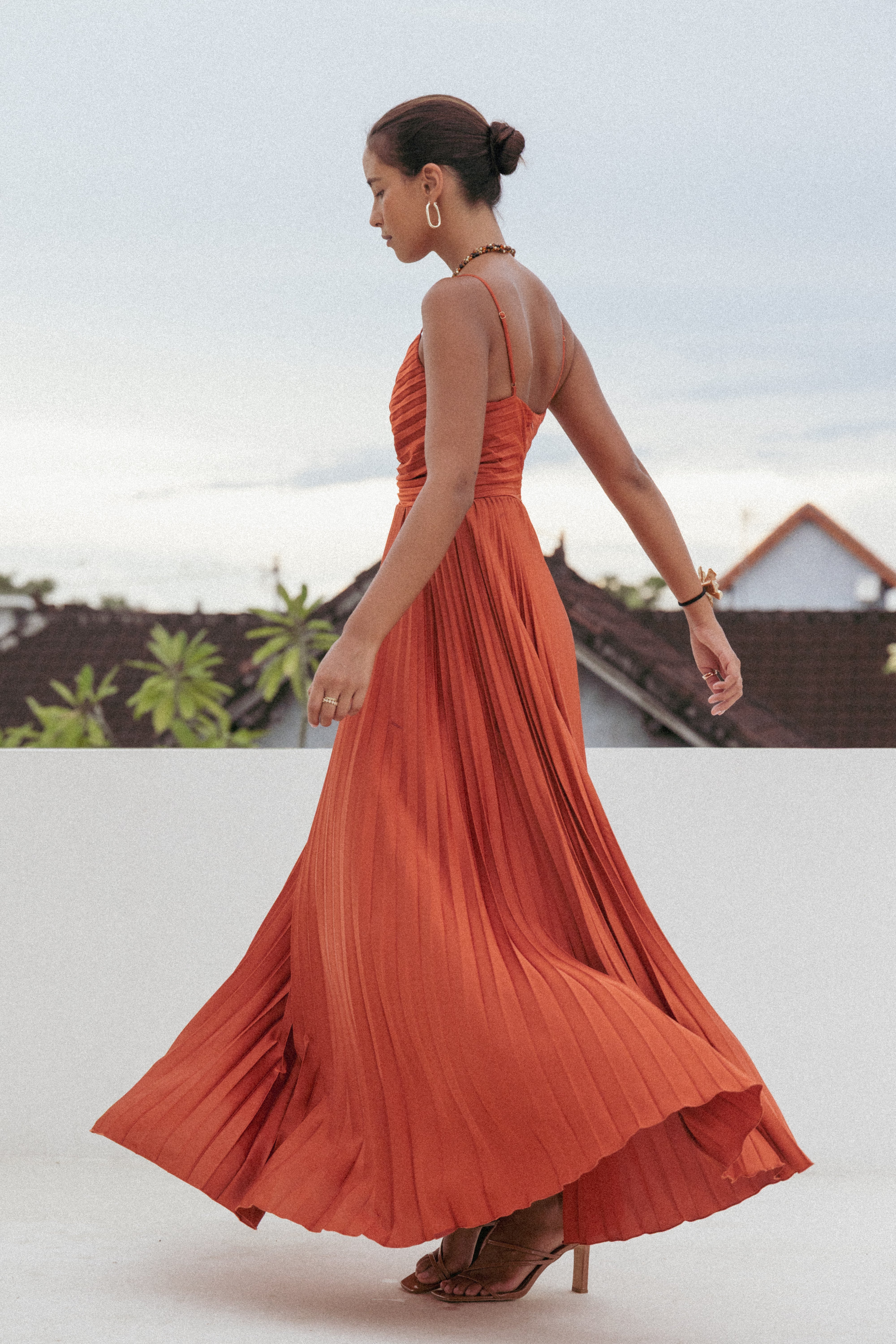 Naira Pleated Maxi Dress - Sunset Orange-Ladys Street