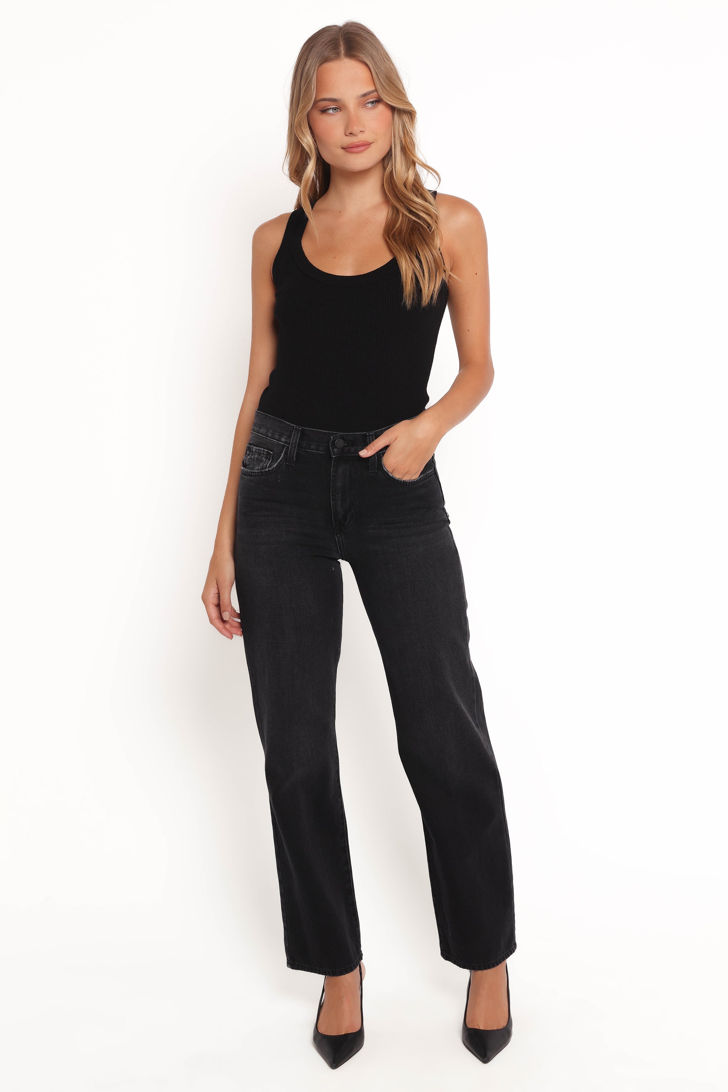 Nathan High Rise Relaxed Straight Jean - Washed Black-Ladys Street