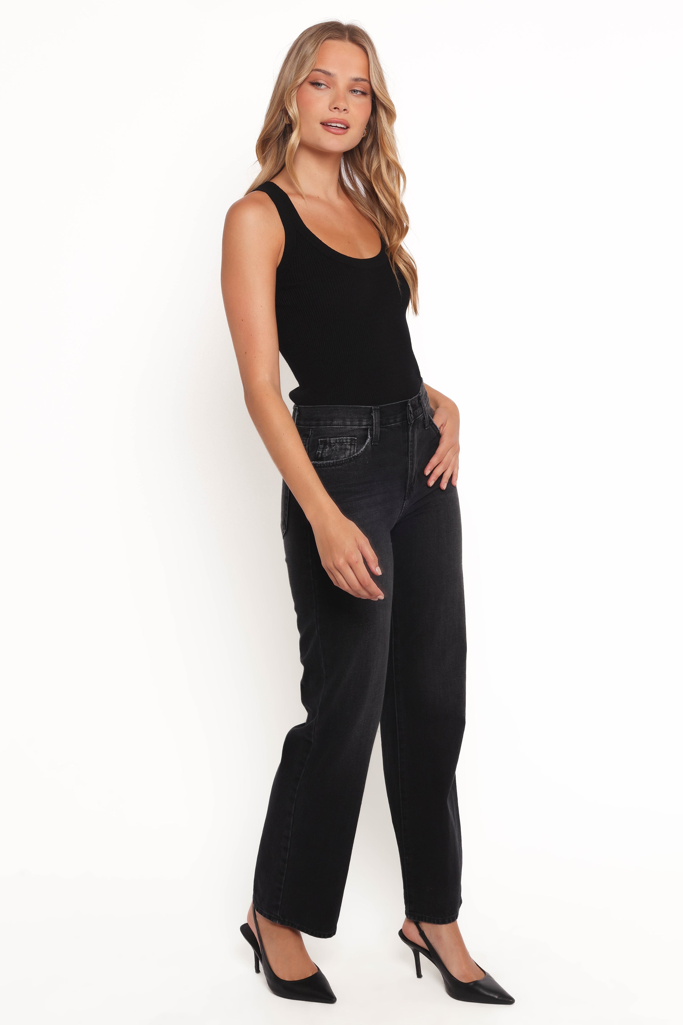 Nathan High Rise Relaxed Straight Jean - Washed Black-Ladys Street