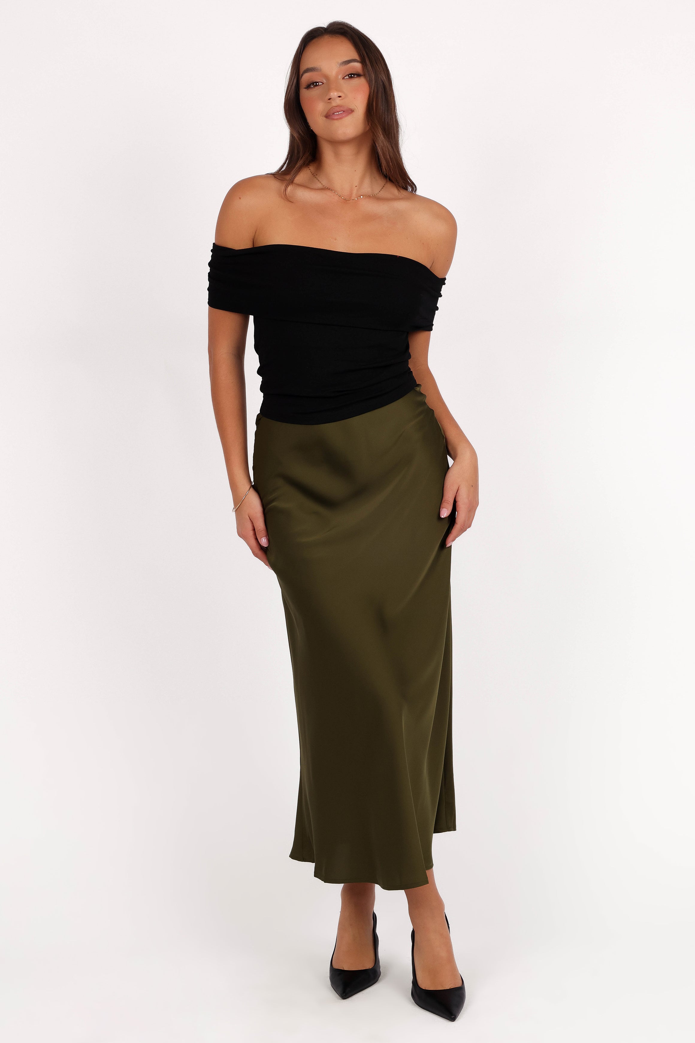 Nellie Satin Midi Skirt - Olive-Ladys Street