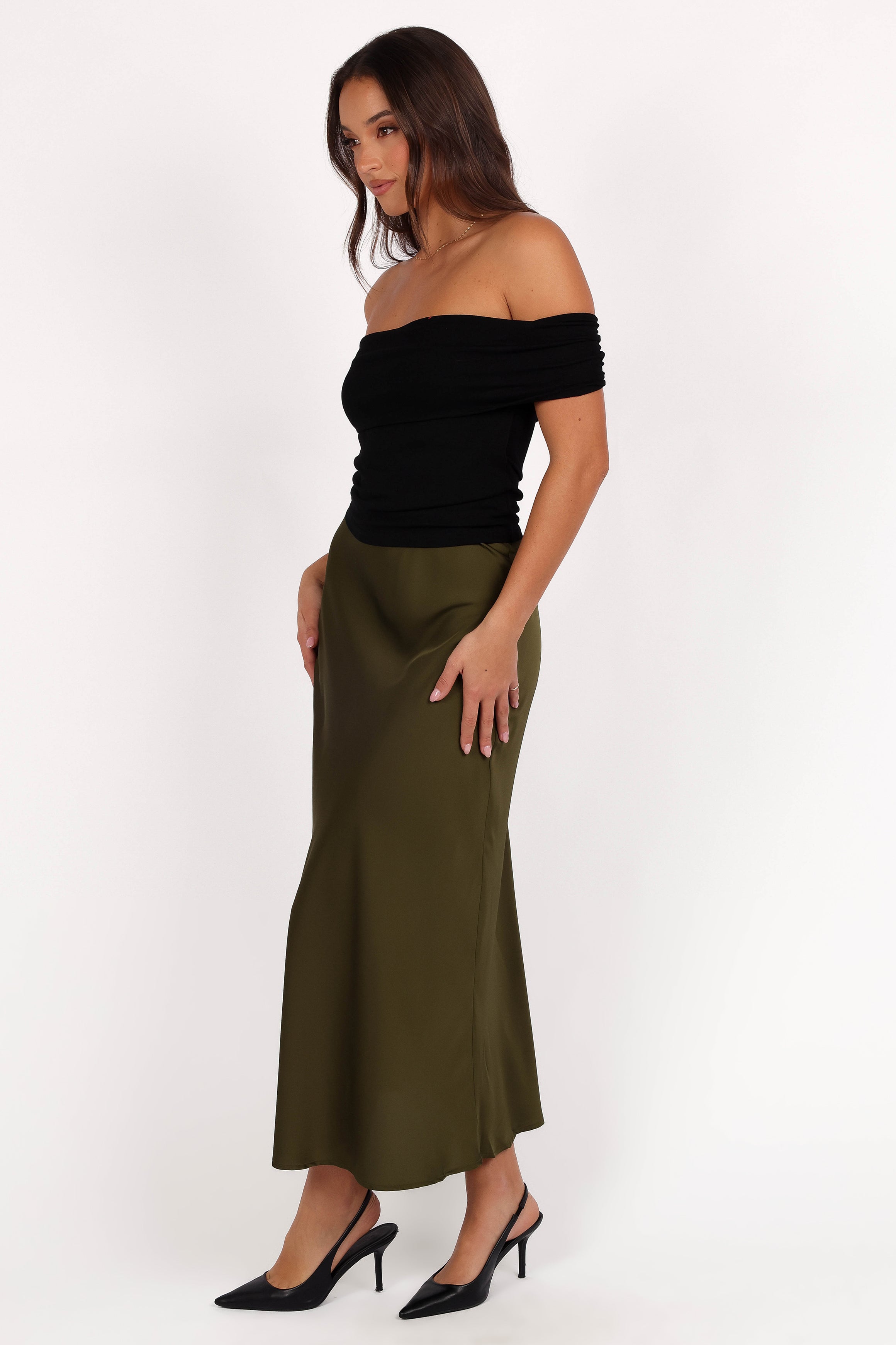 Nellie Satin Midi Skirt - Olive-Ladys Street