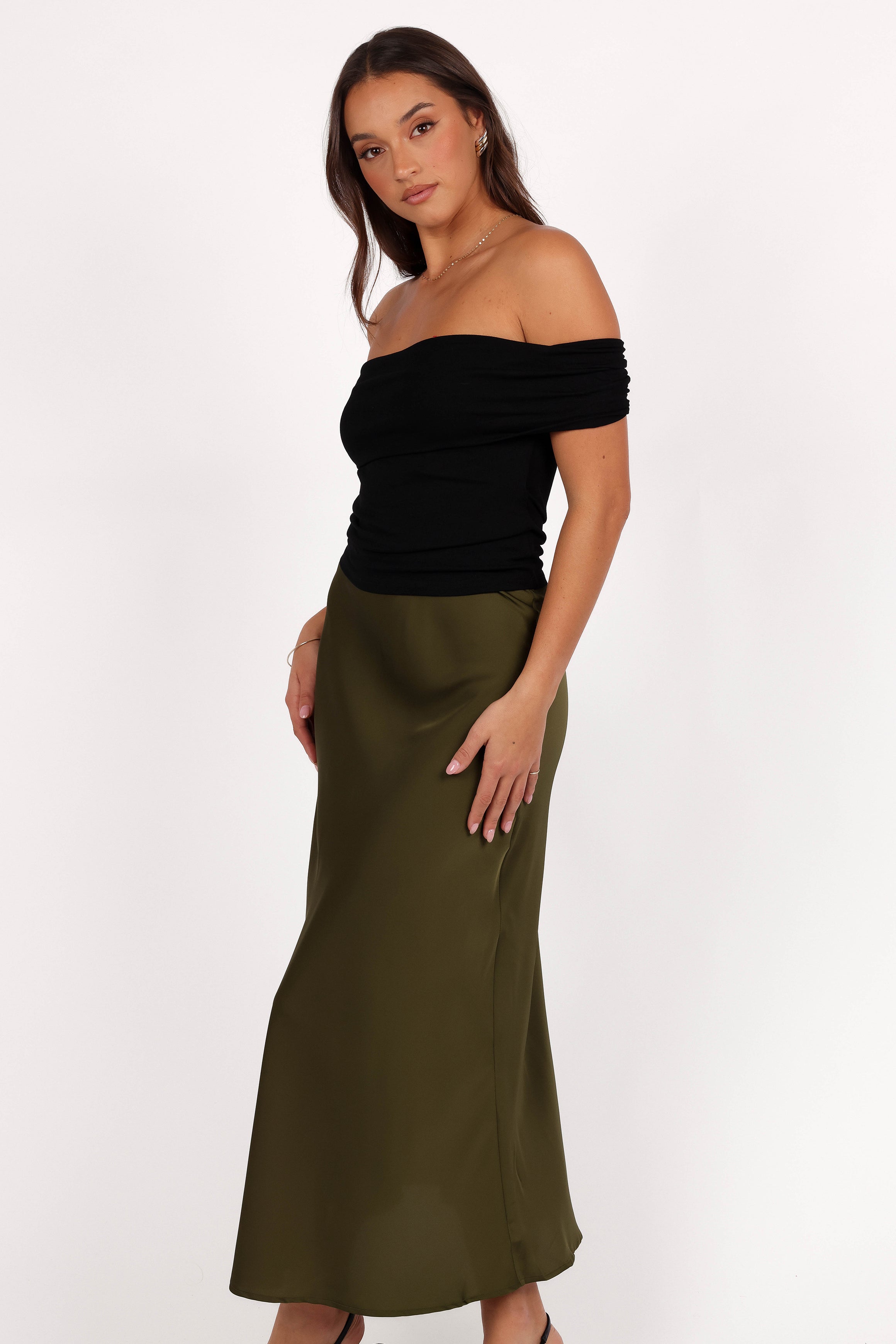 Nellie Satin Midi Skirt - Olive-Ladys Street