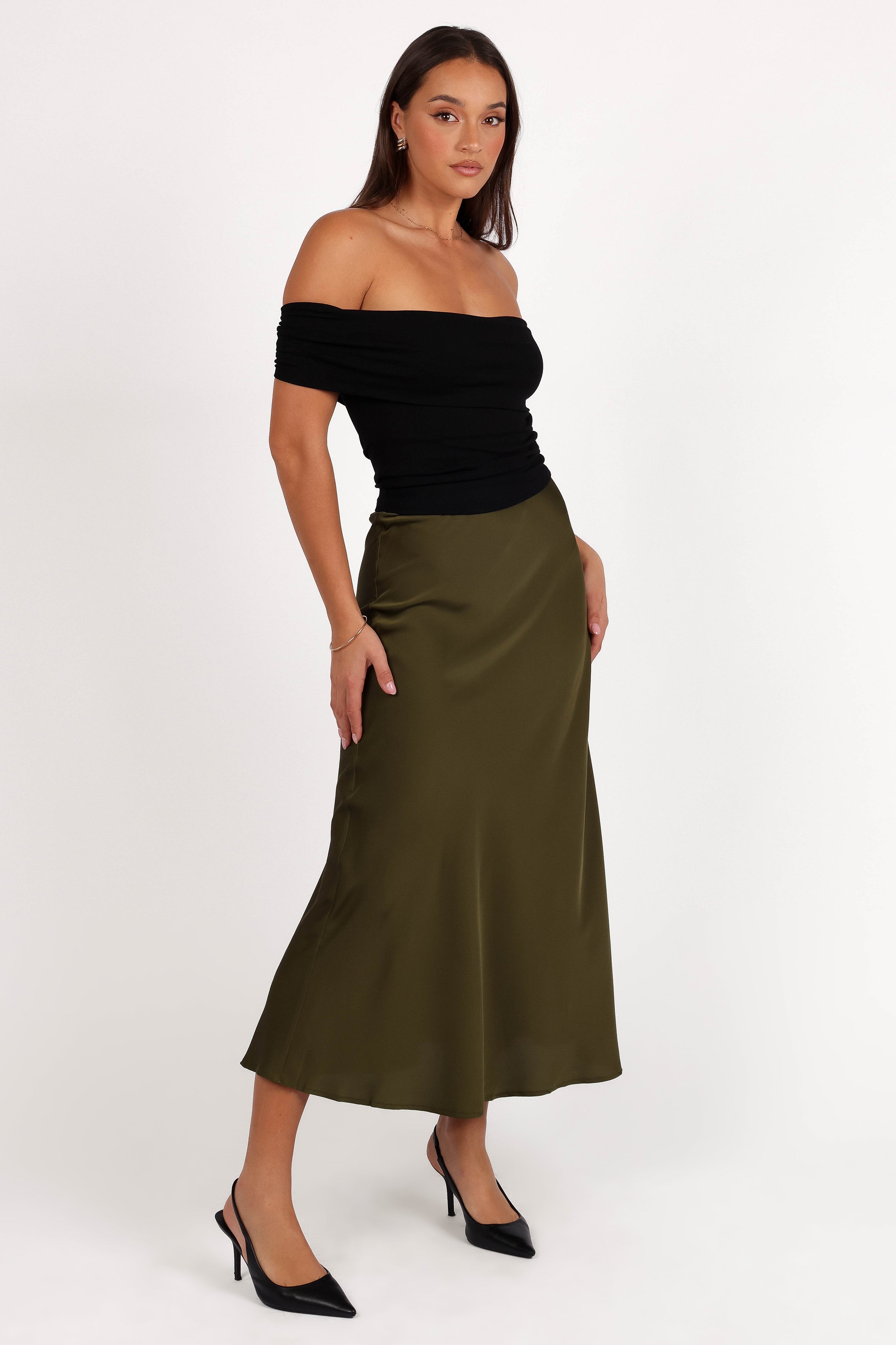 Nellie Satin Midi Skirt - Olive-Ladys Street